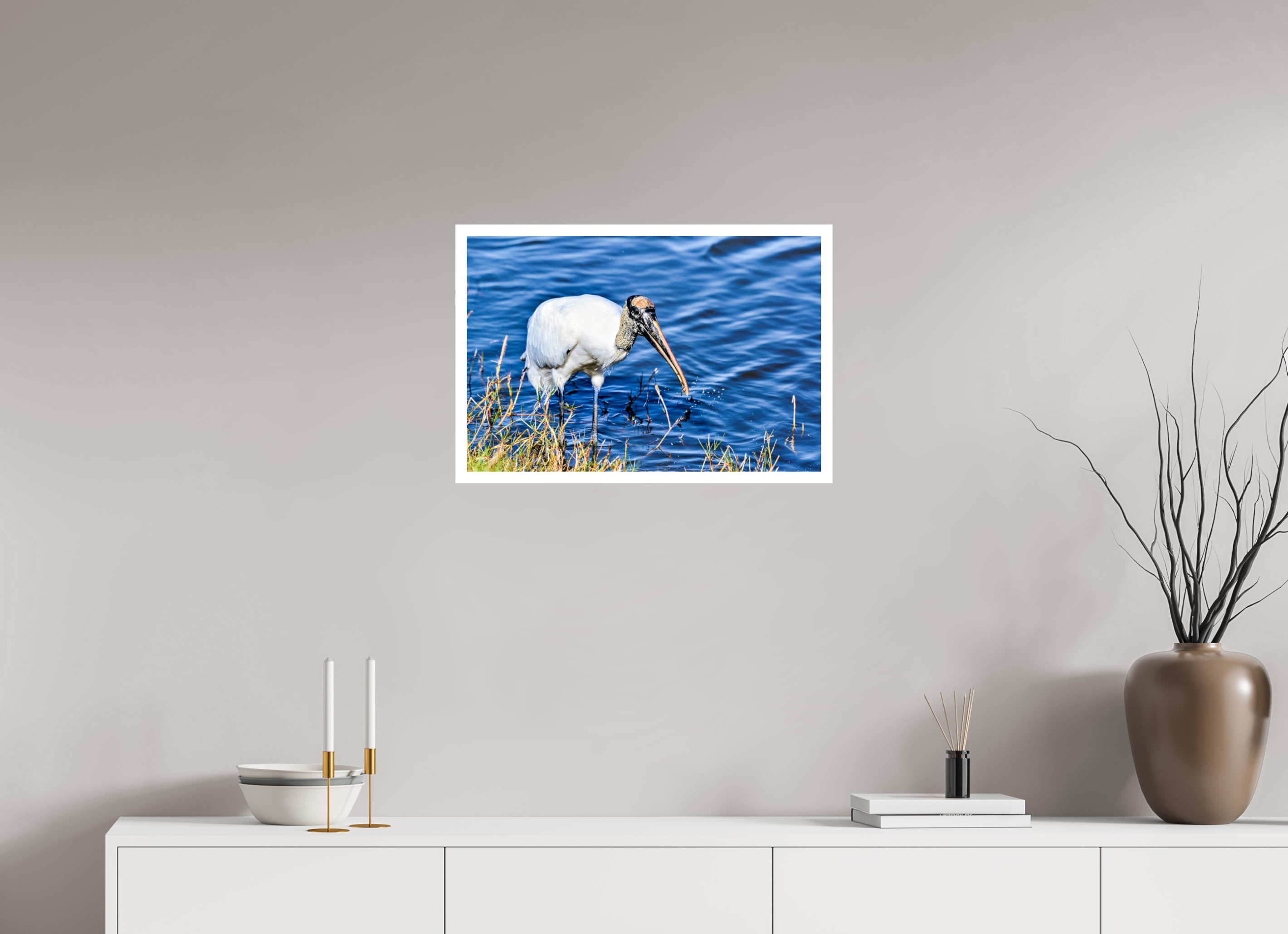 24 x 16″, Hahnemühle FineArt Pearl Print, .79" white border The Morning Catch: Wood Stork in Action