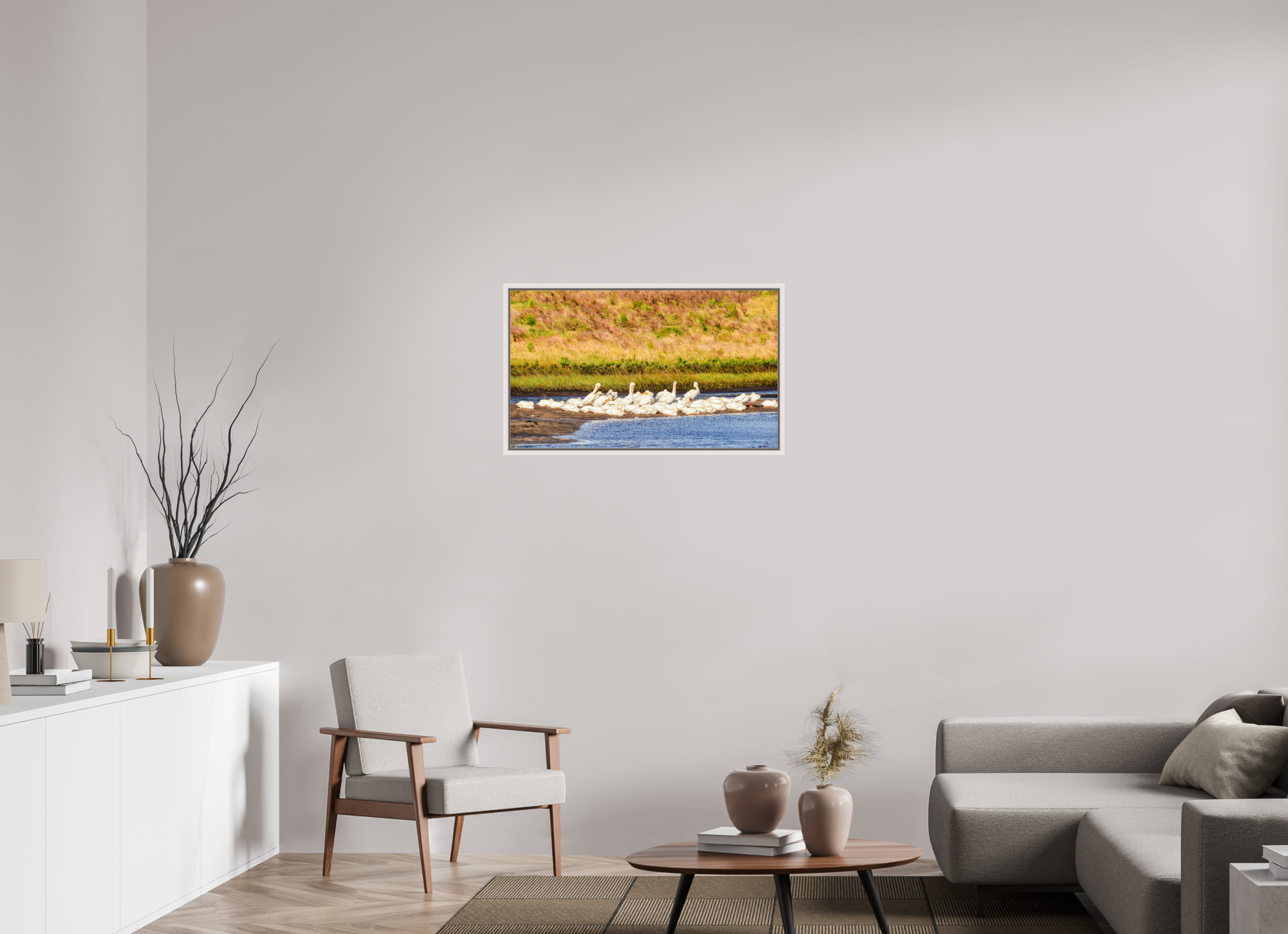 33.9 x 20″, Floater Frame, Basel 0.6", Maple White, Glossy Acrylic Glass White Pelicans Golden Hour Gathering