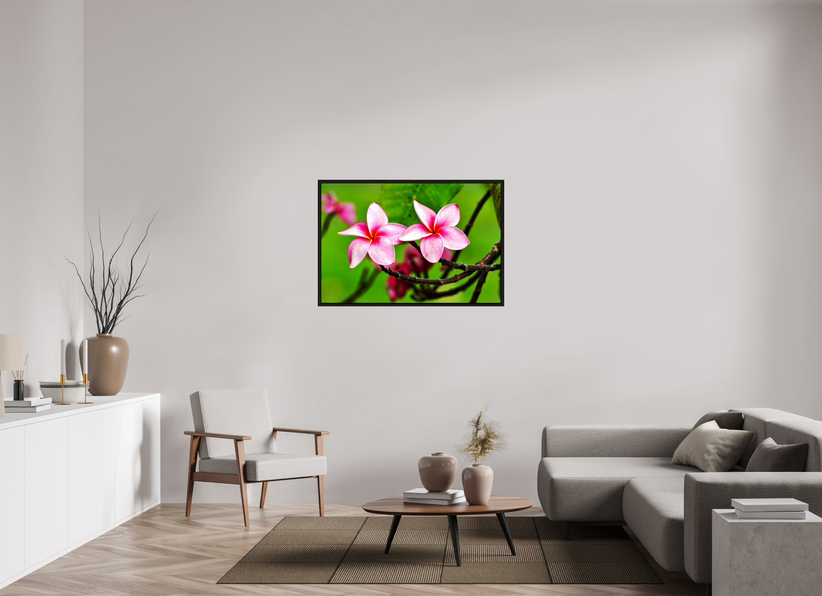45 x 30″, Floater Frame, Basel 0.6", Black Oak, Glossy Acrylic Glass Pink Plumeria Rubra (Frangipani)