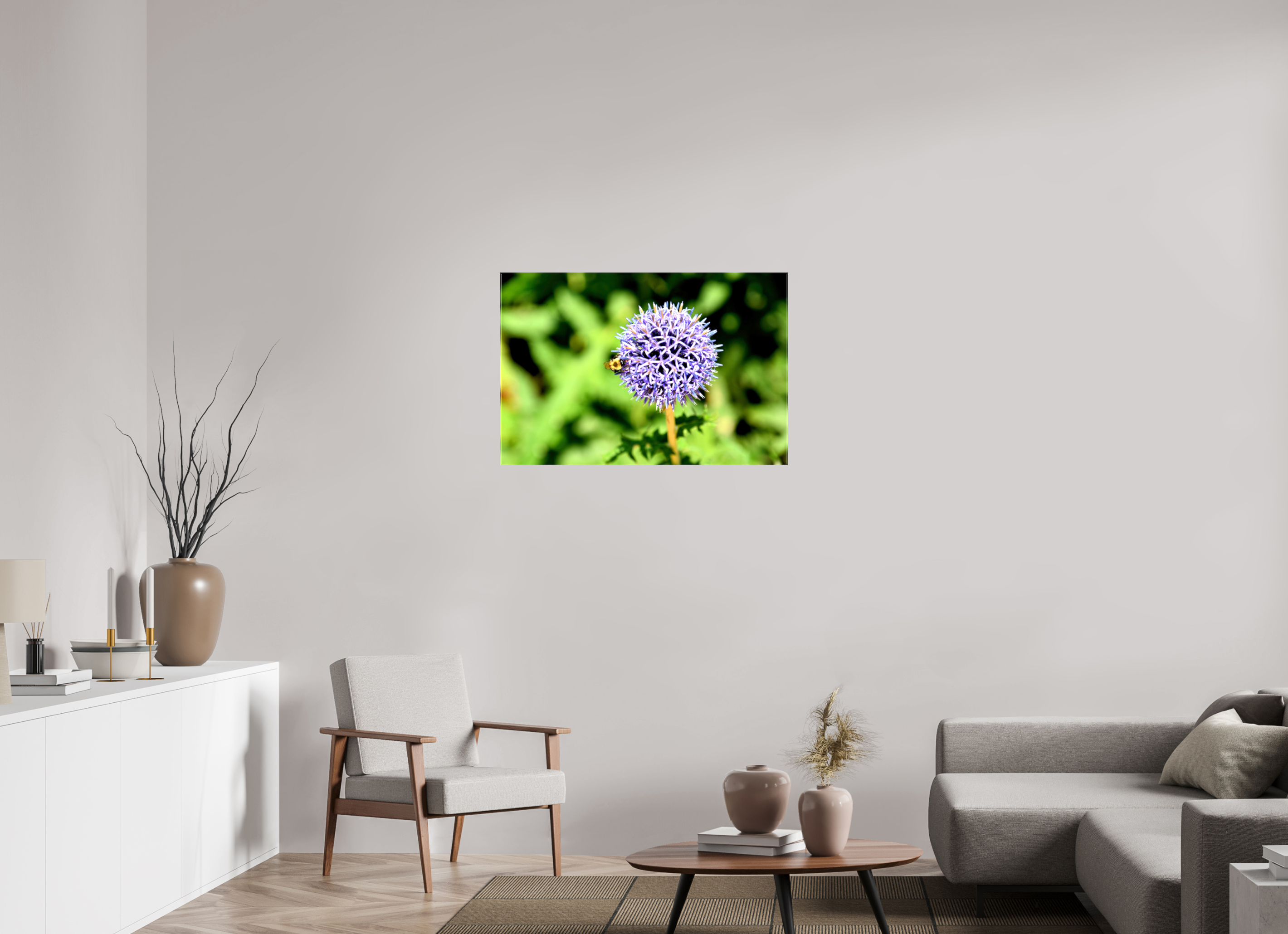 36 x 24″, Glossy Canvas on Stretcher Frame, 1,57" Wrapped The Bee & The Globe Thistle (Echinops)