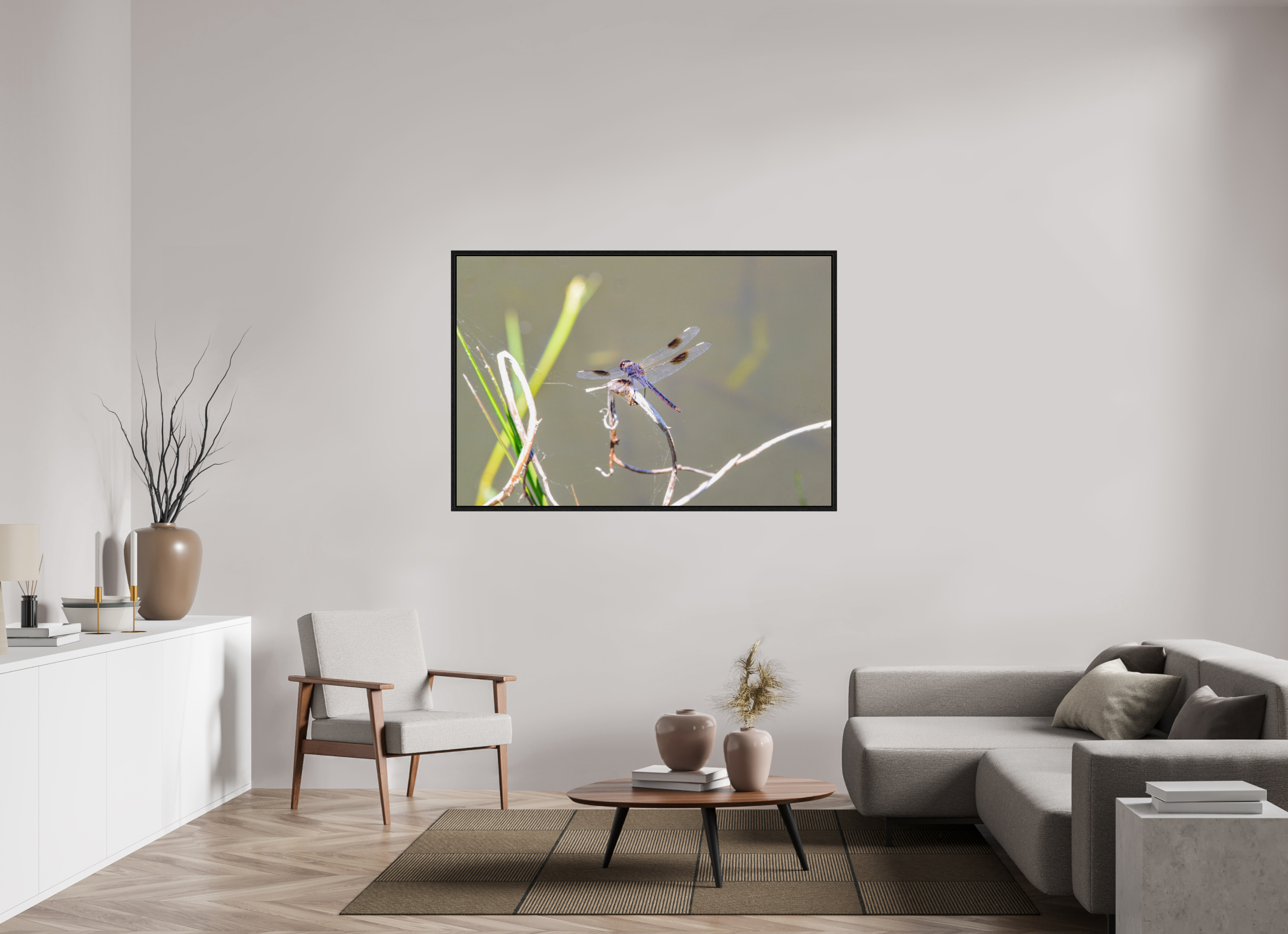 60 x 40″, Floater Frame, Basel 0.6", Black Oak, Glossy Acrylic Glass Pennant Dragonfly in the Marsh