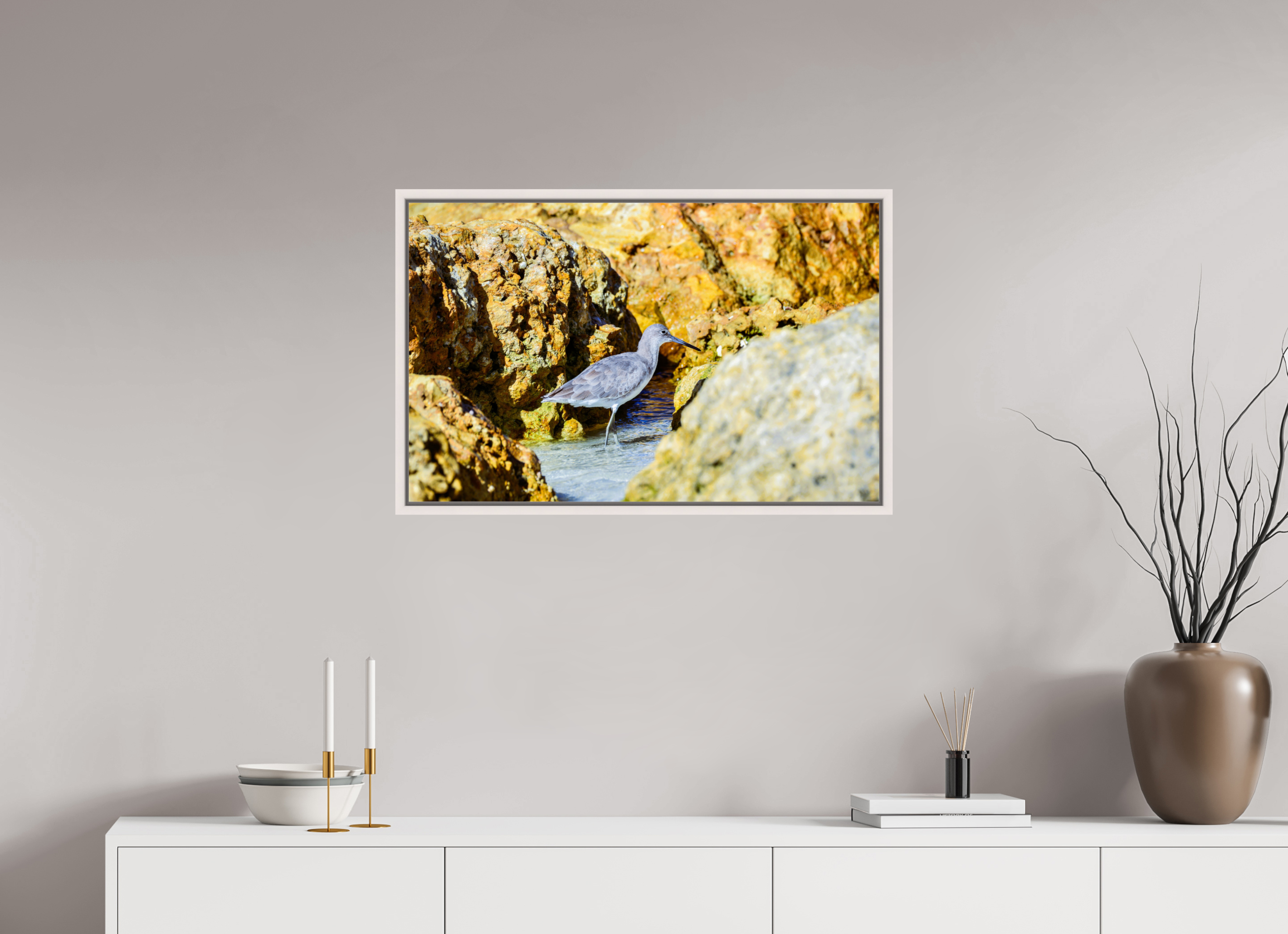 31.5 x 20″, Floater Frame, Basel 0.6", Maple White, Glossy Acrylic Glass The Hiding Willet