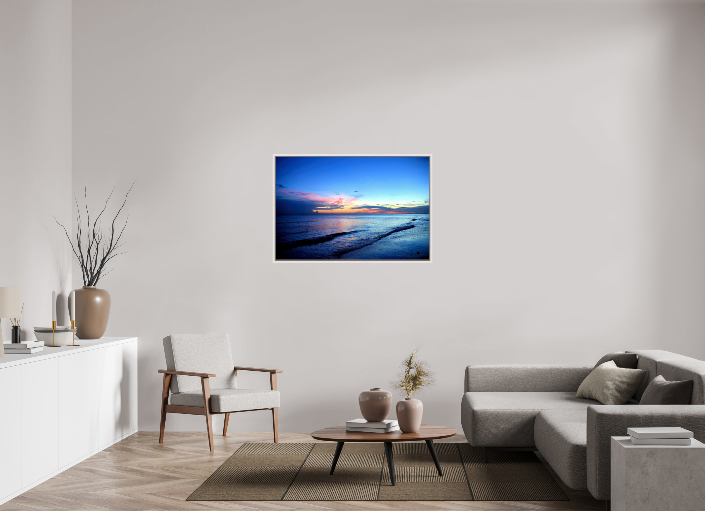 45 x 30″, Floater Frame, Basel 0.6", Maple White, Glossy Acrylic Glass Indigo Horizon