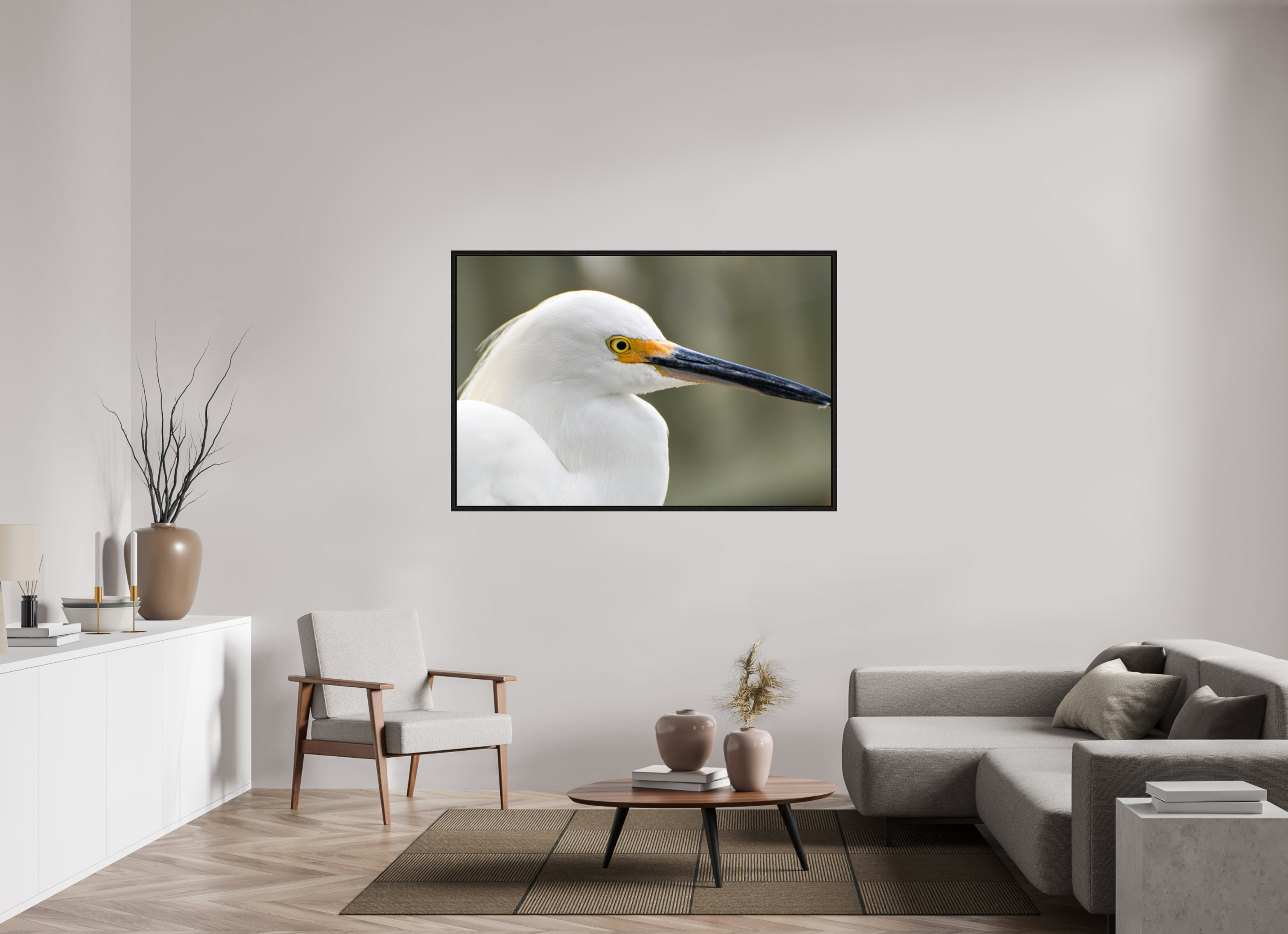 60 x 40″, Floater Frame, Basel 0.6", Black Oak, Glossy Acrylic Glass The White Plume: Snowy Egret Portrait