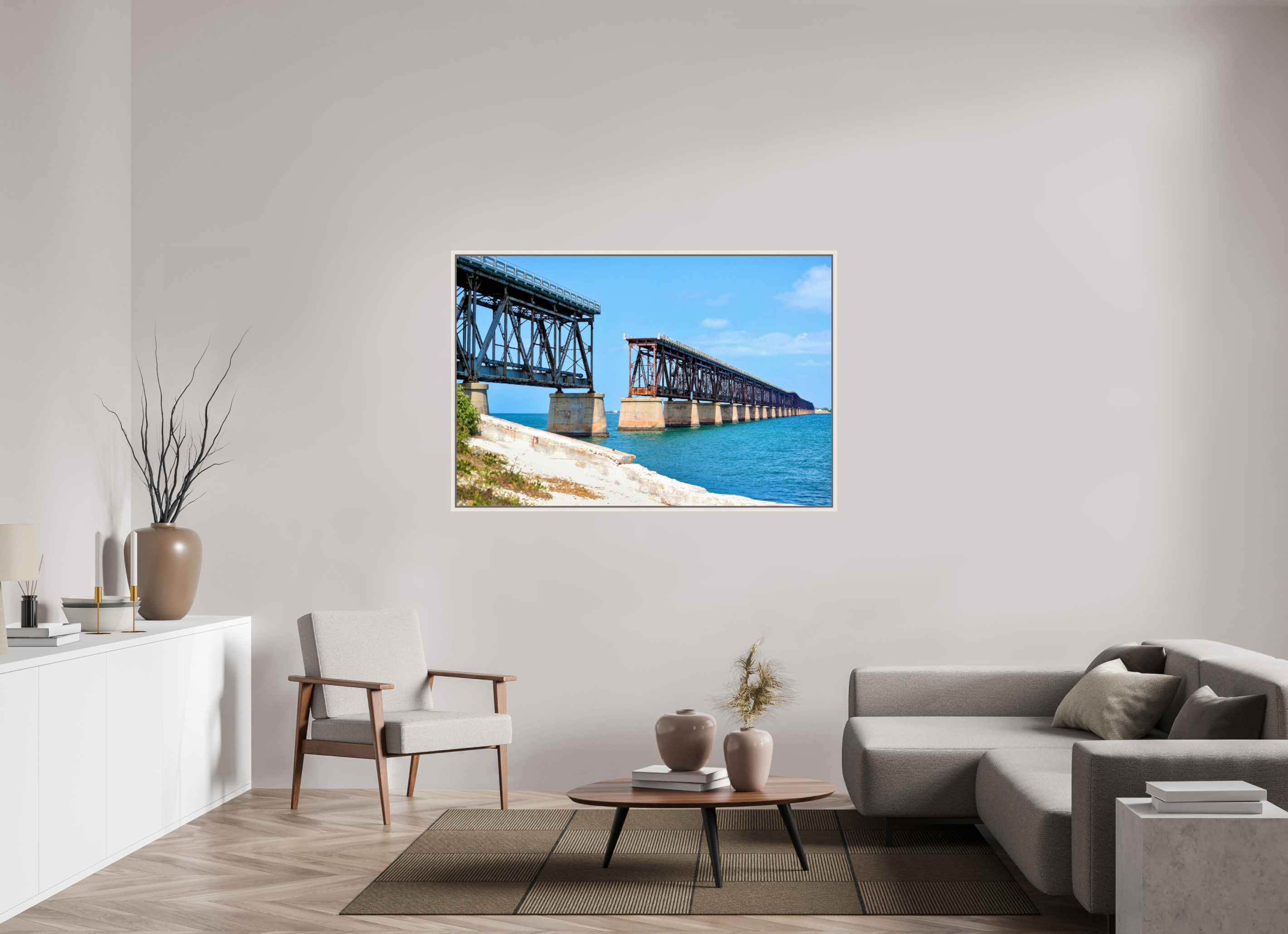 60 x 40″, Floater Frame, Basel 0.6", Maple White, Glossy Acrylic Glass Old Bahia Honda Bridge