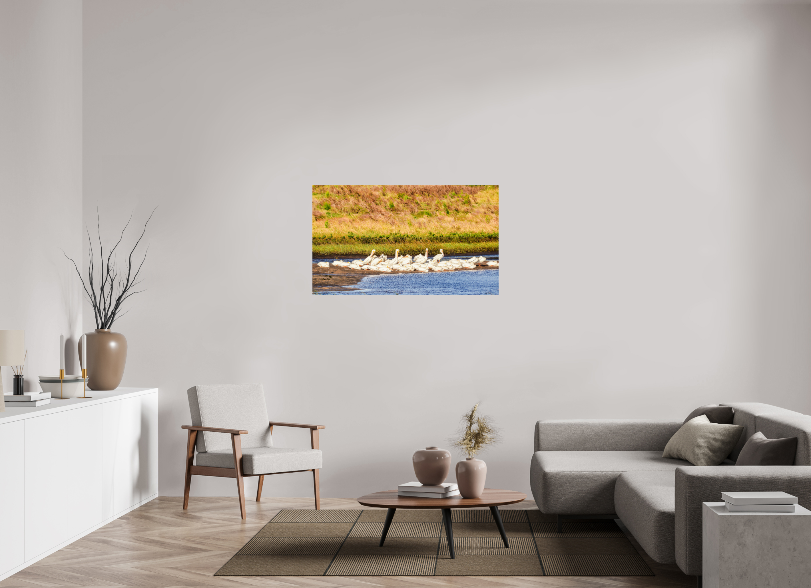 47.5 x 28″, Metallic Photo Print Under Acrylic Glass White Pelicans Golden Hour Gathering