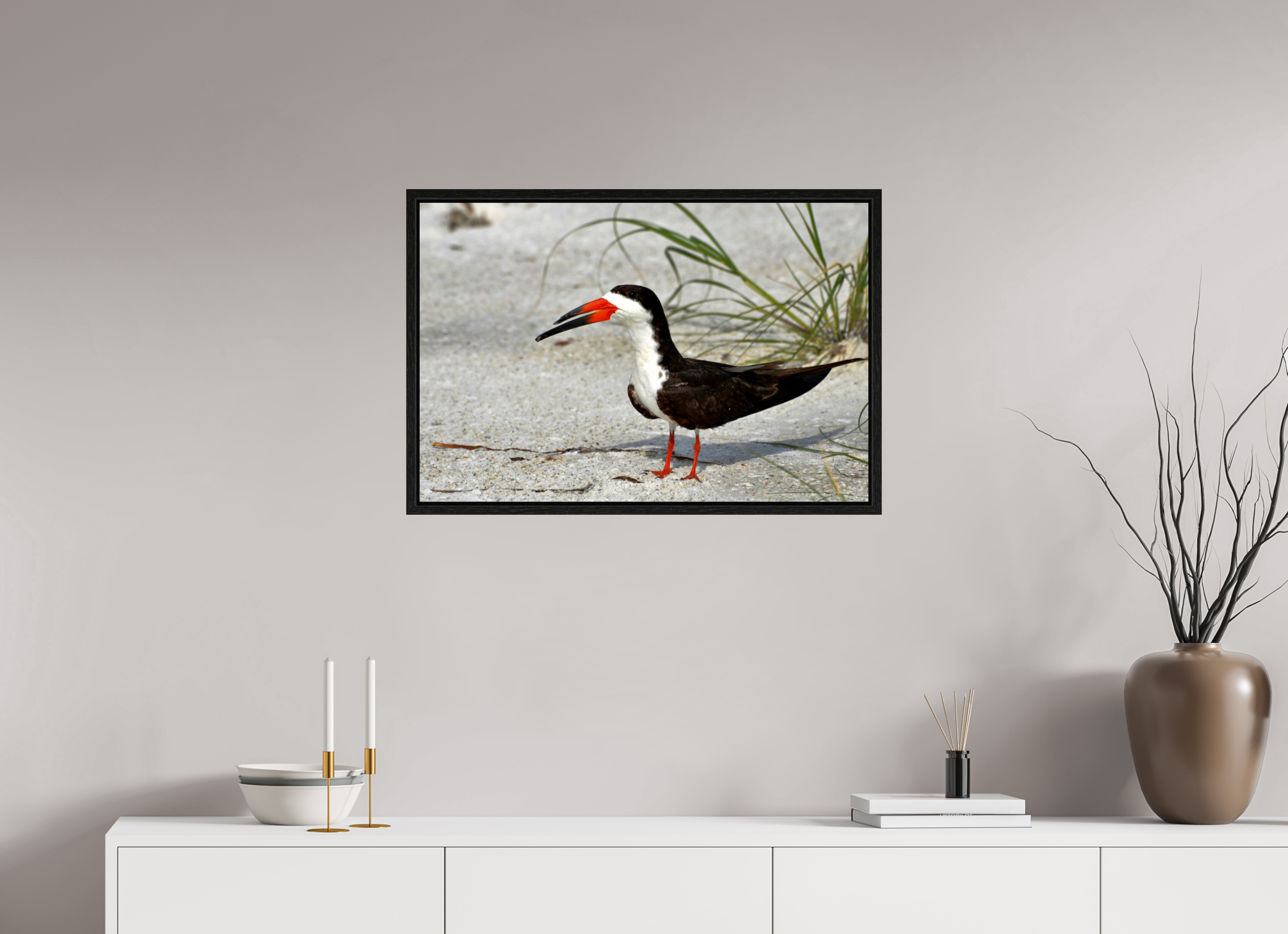 30 x 20″, Floater Frame, Basel 0.6", Black Oak, Glossy Acrylic Glass Sand & Black Skimmer