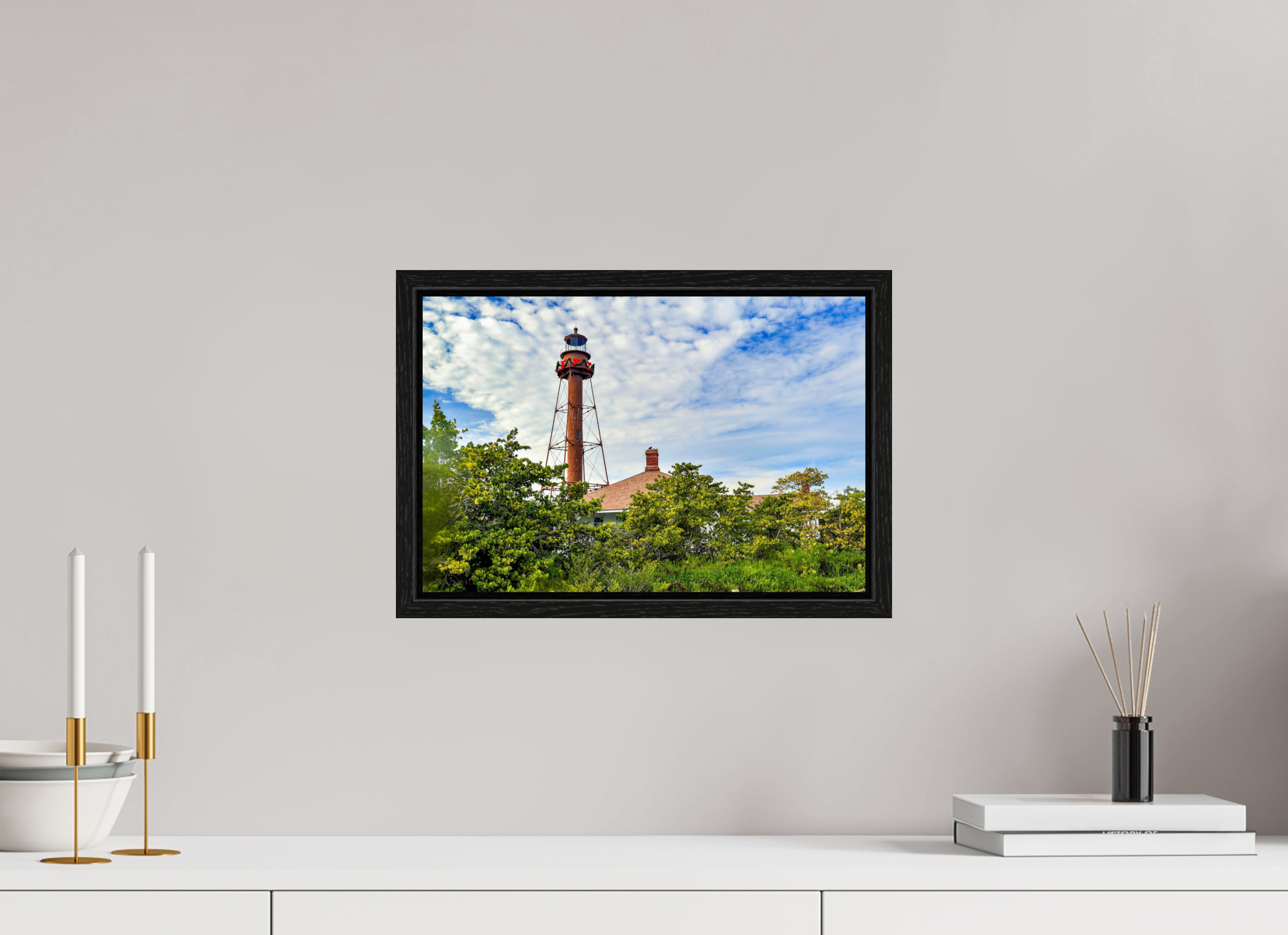 15 x 10″, Floater Frame Sanibel Island Lighthouse – Holiday Edition