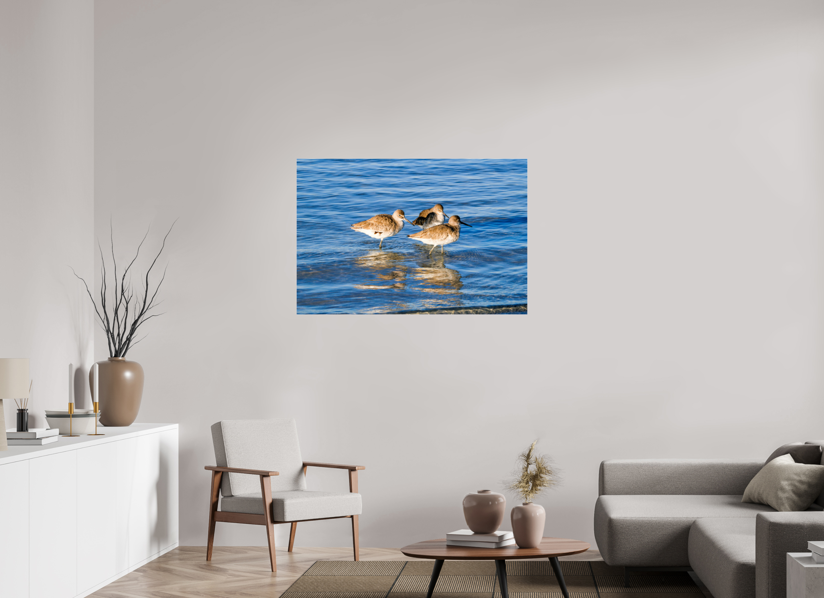 45.9 x 31″, Metallic Photo Print Under Acrylic Glass The Shoreline Trio: Willets in the Surf