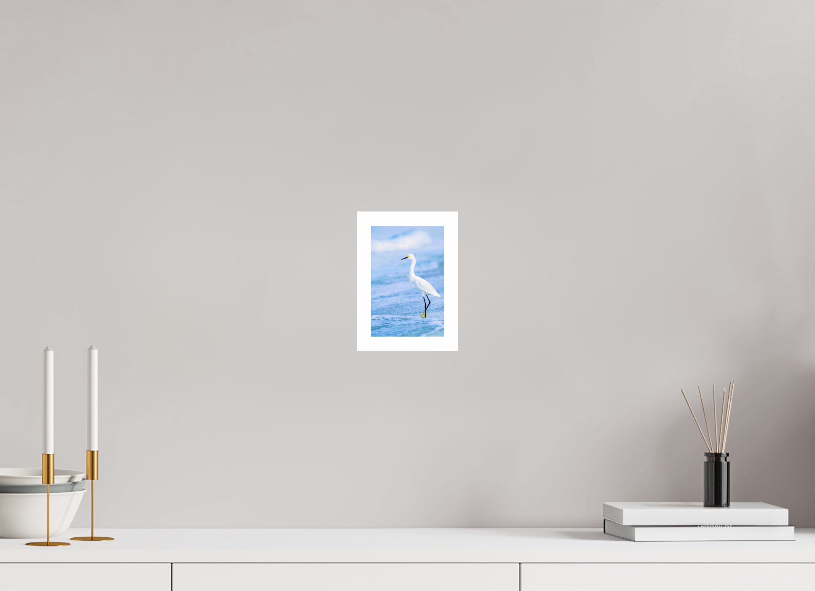 4 x 6.1″, Hahnemühle FineArt Pearl Print, .79" white border Snowy Egret in Azure