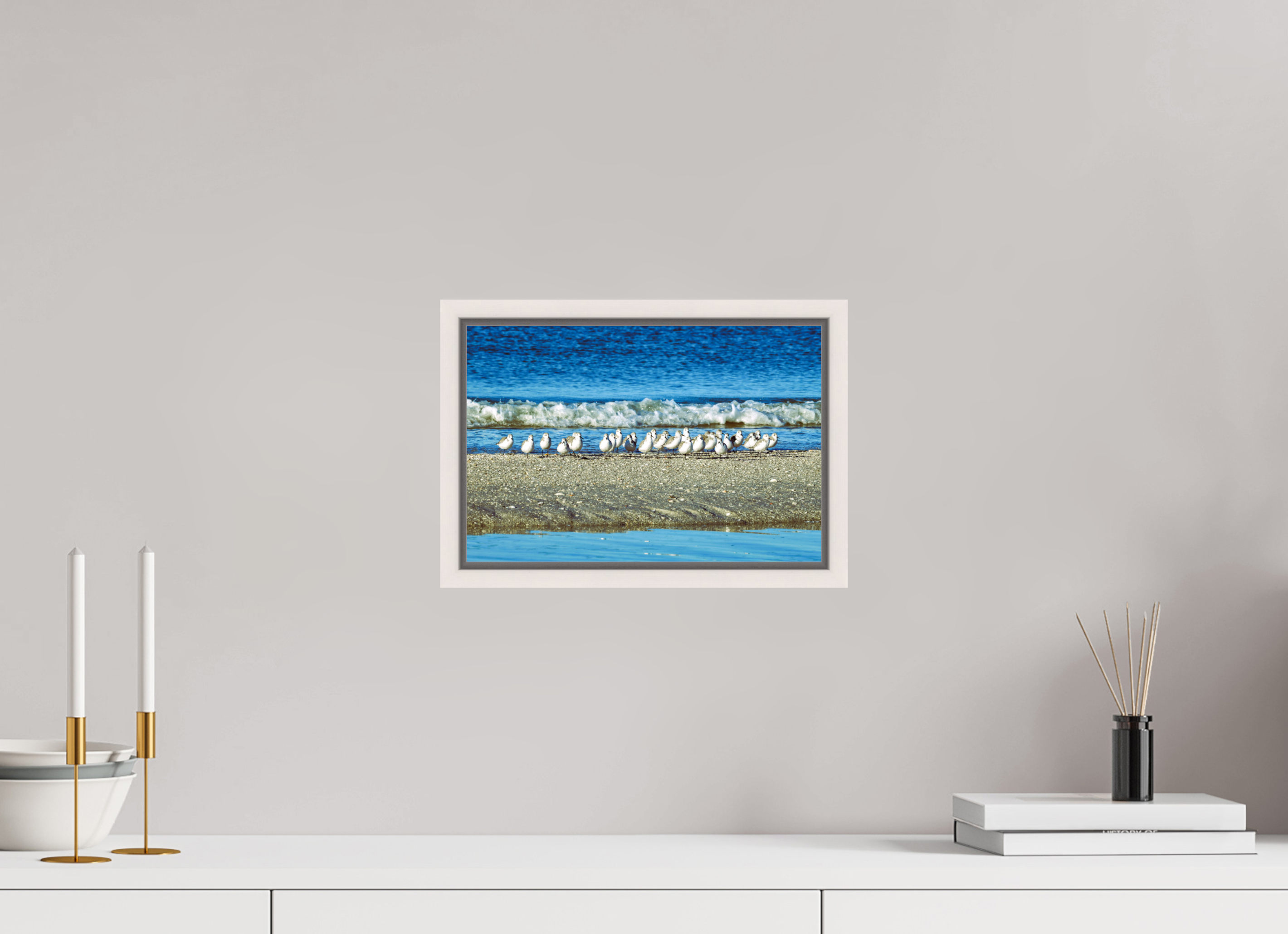 12 x 8″, Floater Frame, Basel 0.6", Maple White, Glossy Acrylic Glass Sanderlings on Standby