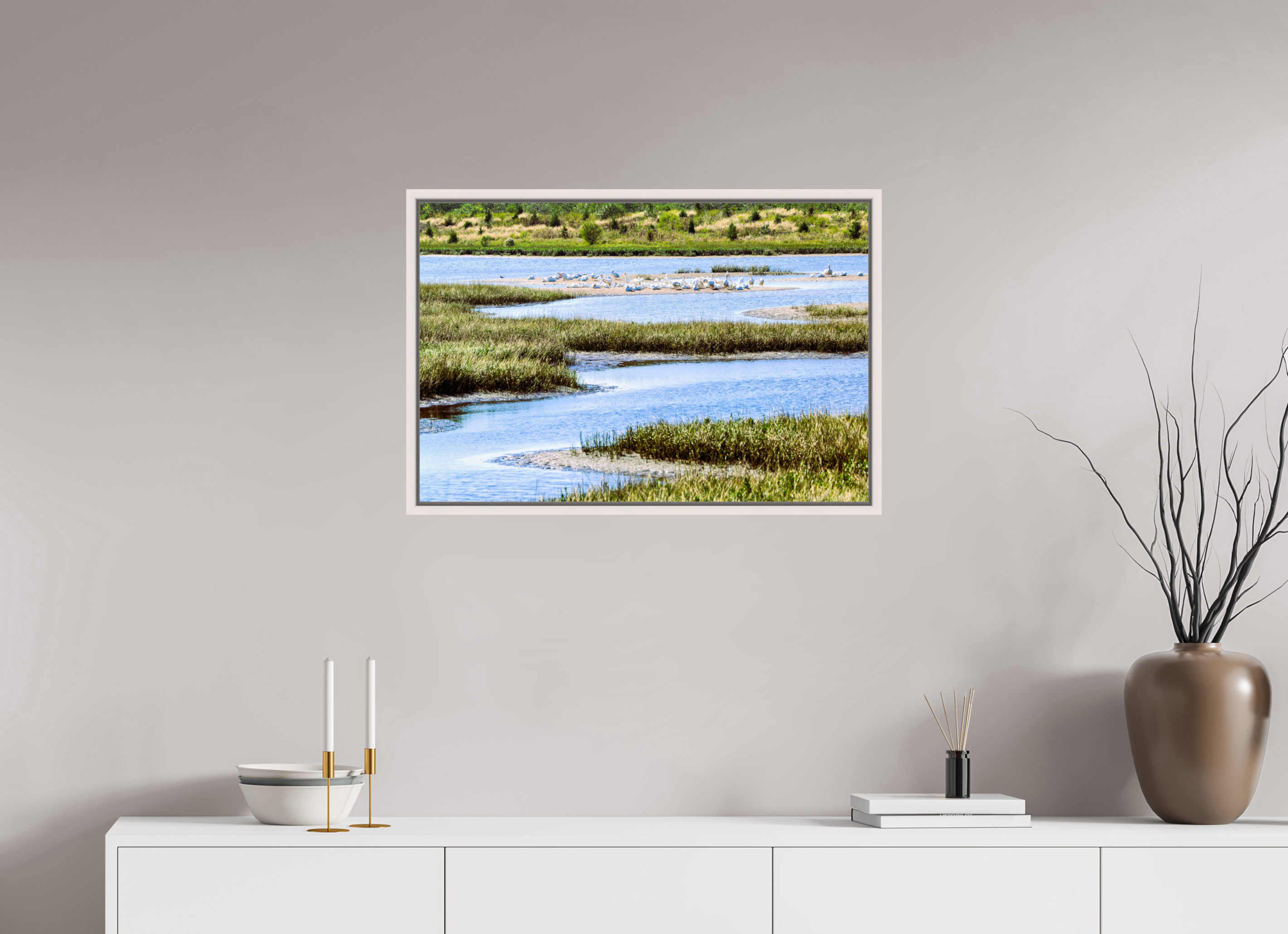 30 x 20″, Floater Frame, Basel 0.6", Maple White, Glossy Acrylic Glass Marshland Sanctuary