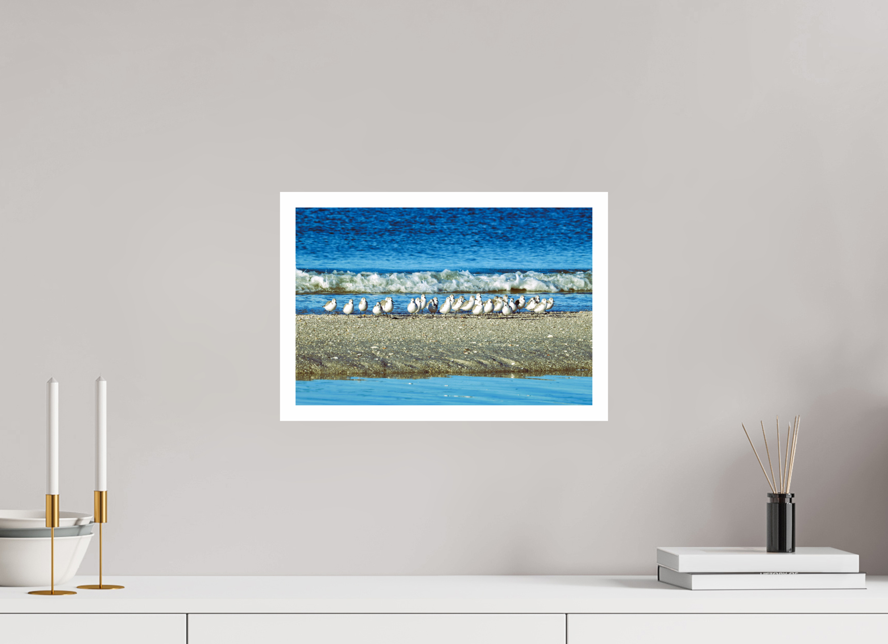 15 x 10″, Hahnemühle FineArt Pearl Print, .79" white border Sanderlings on Standby