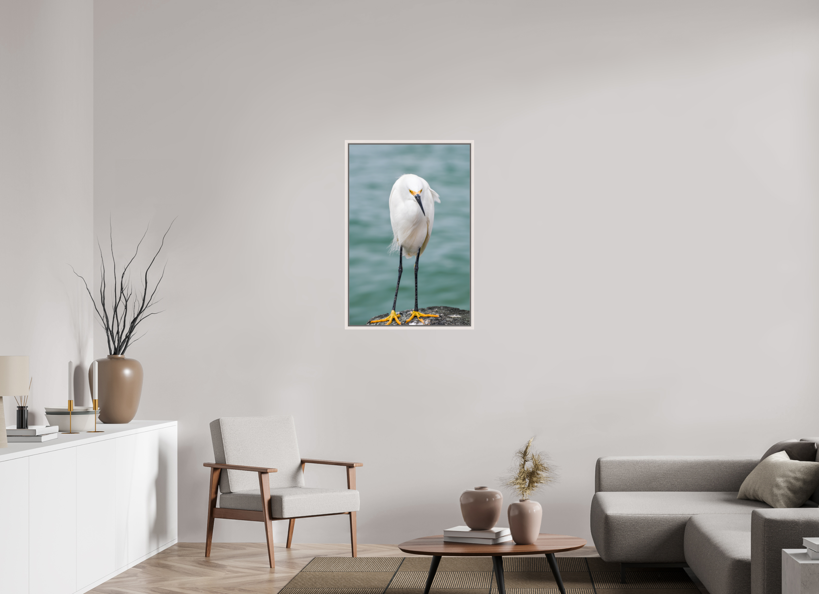 24 x 36″, Floater Frame, Basel 0.6", Maple White, Glossy Acrylic Glass The Patient Hunter