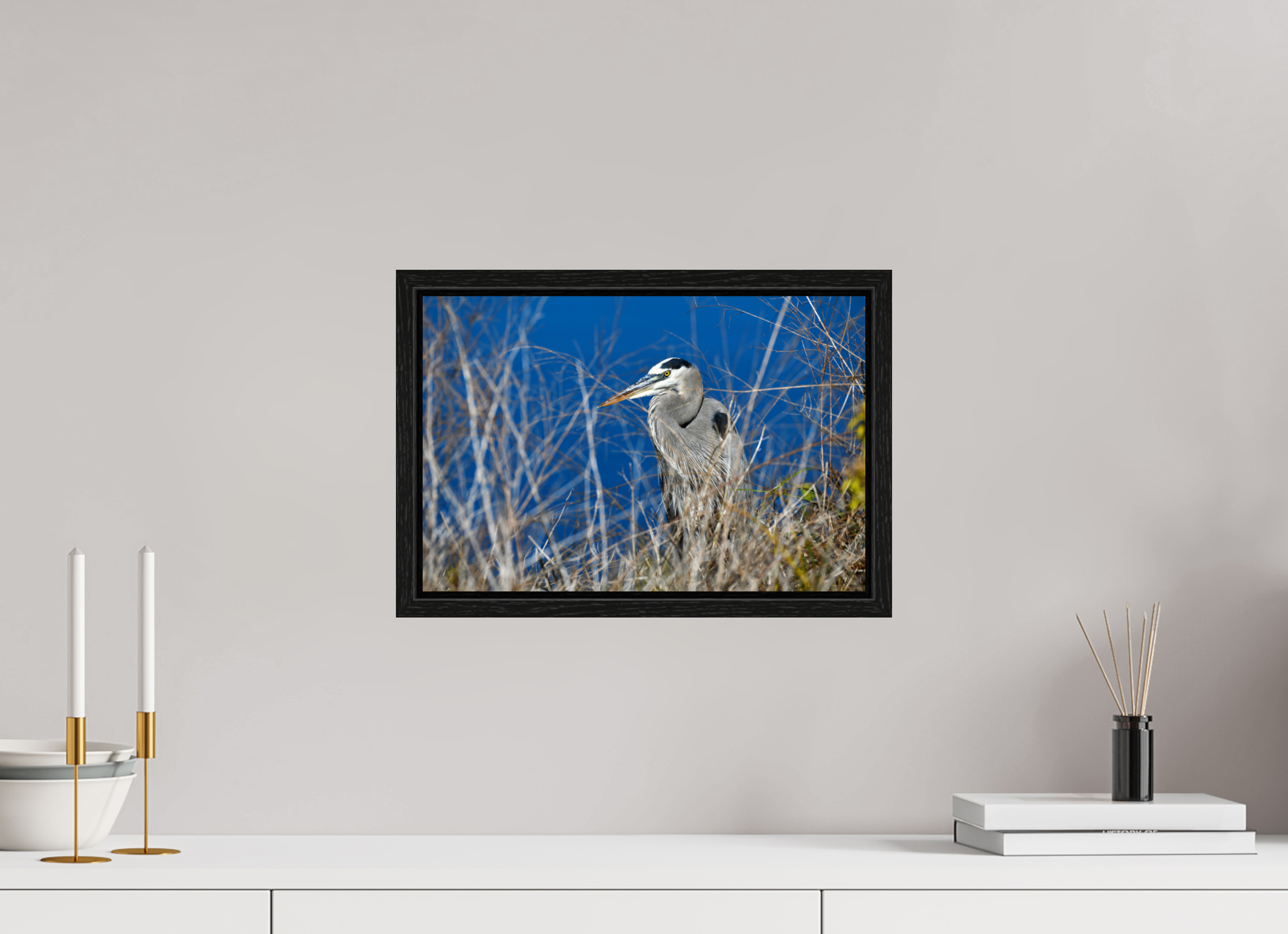15 x 10″, Floater Frame, Basel 0.6", Black Oak, Glossy Acrylic Glass Hidden Majesty: Great Blue Heron