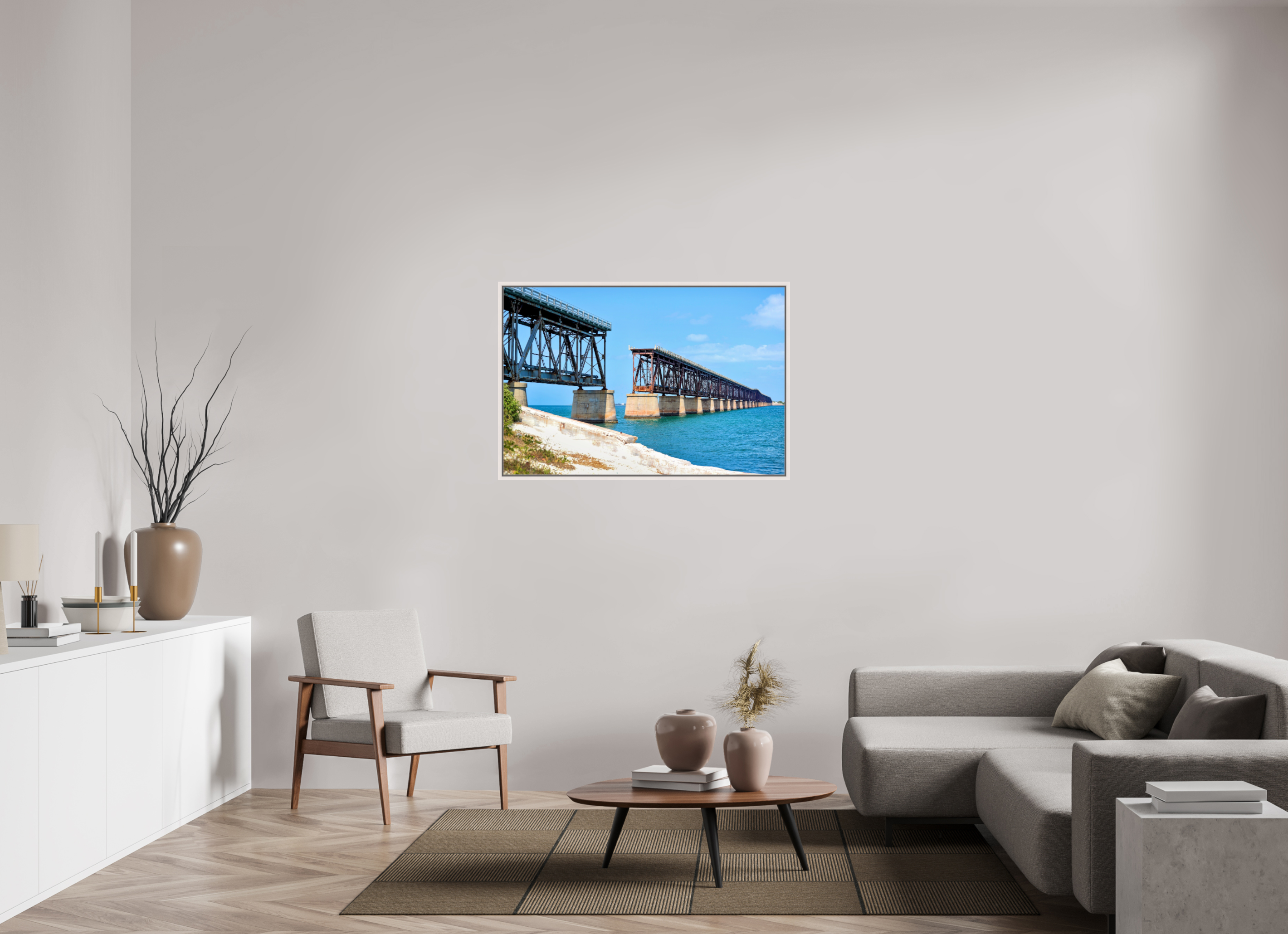 45 x 30″, Floater Frame, Basel 0.6", Maple White, Glossy Acrylic Glass Old Bahia Honda Bridge