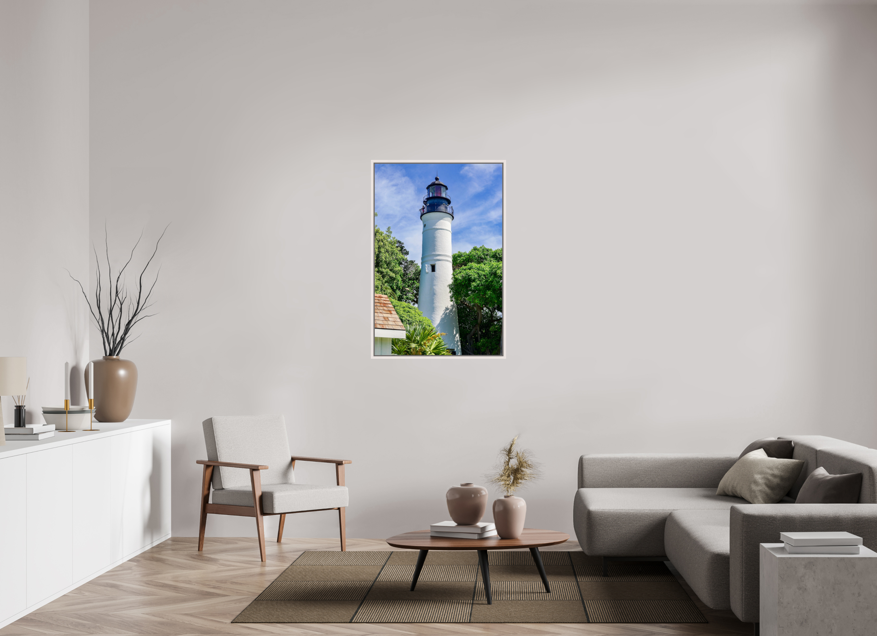 30 x 45″, Floater Frame, Basel 0.6", Maple White, Glossy Acrylic Glass The Historic Key West Lighthouse