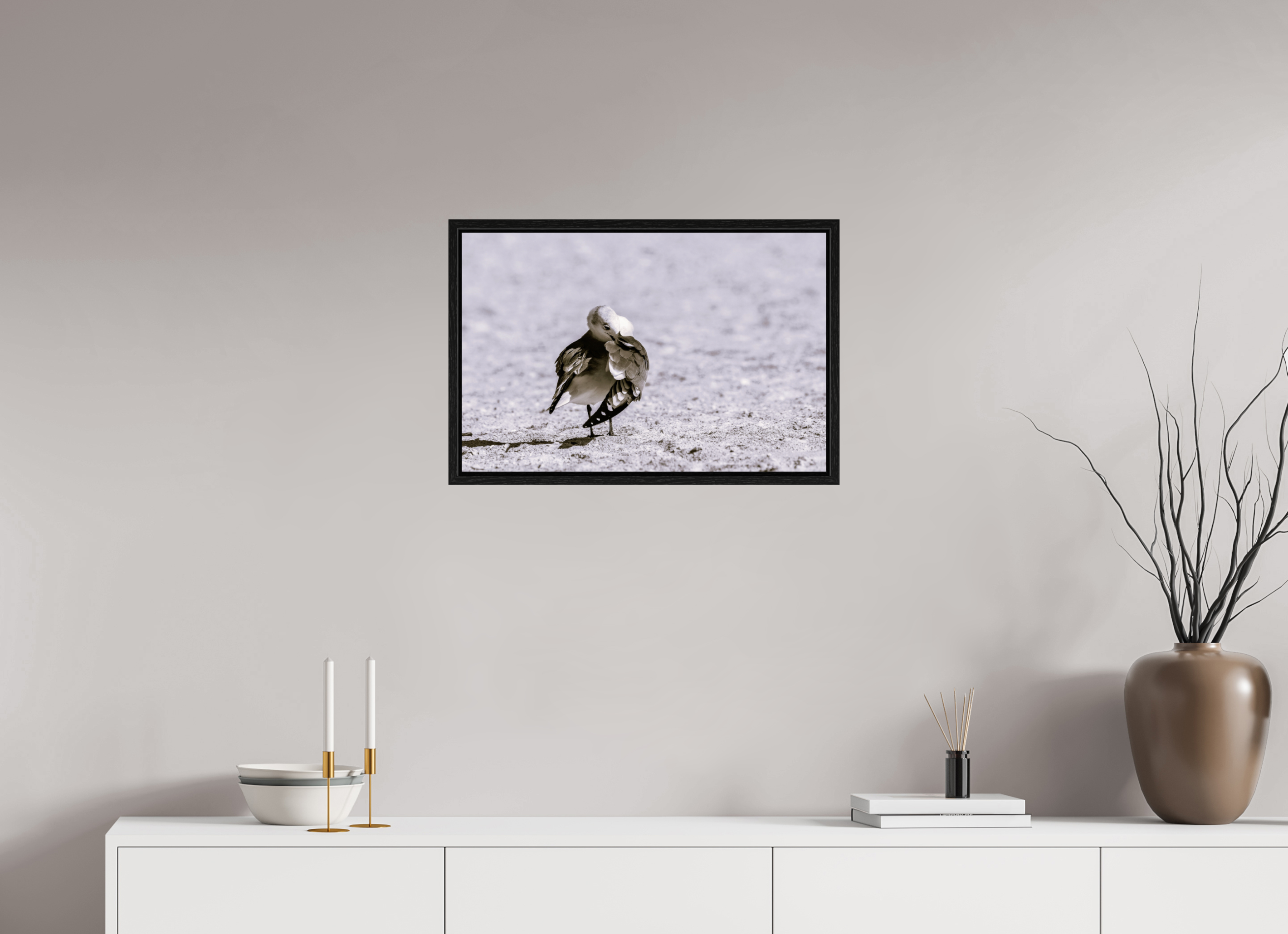 24.4 x 16″, Floater Frame A Monochrome Gull Preening