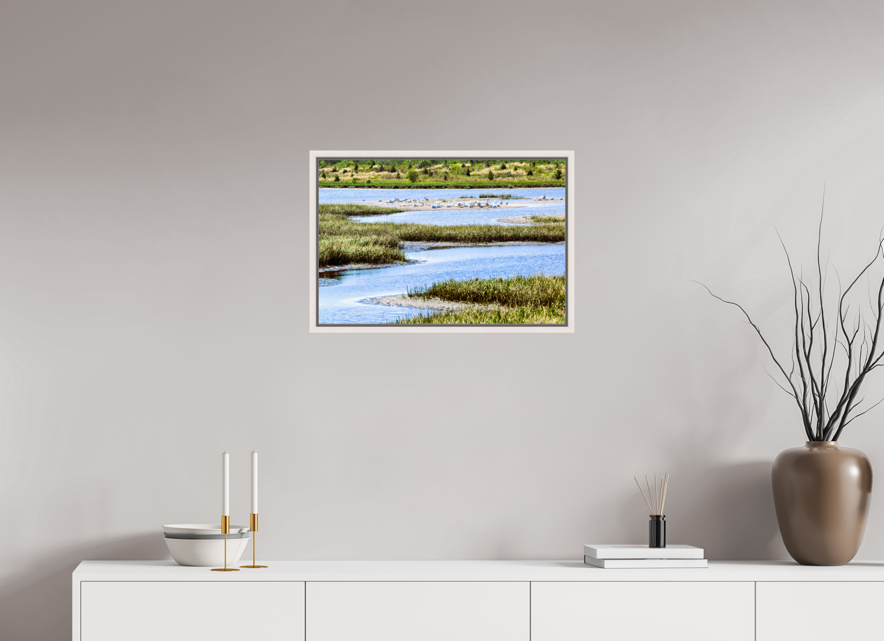 24 x 16″, Floater Frame, Basel 0.6", Maple White, Glossy Acrylic Glass Marshland Sanctuary