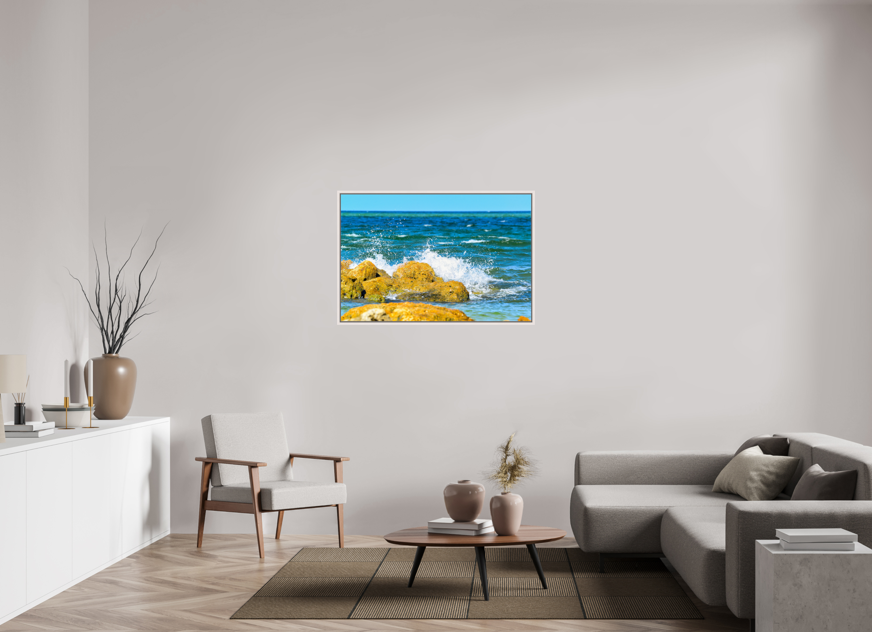 45 x 30″, Floater Frame, Basel 0.6", Maple White, Glossy Acrylic Glass The Ocean’s Impact