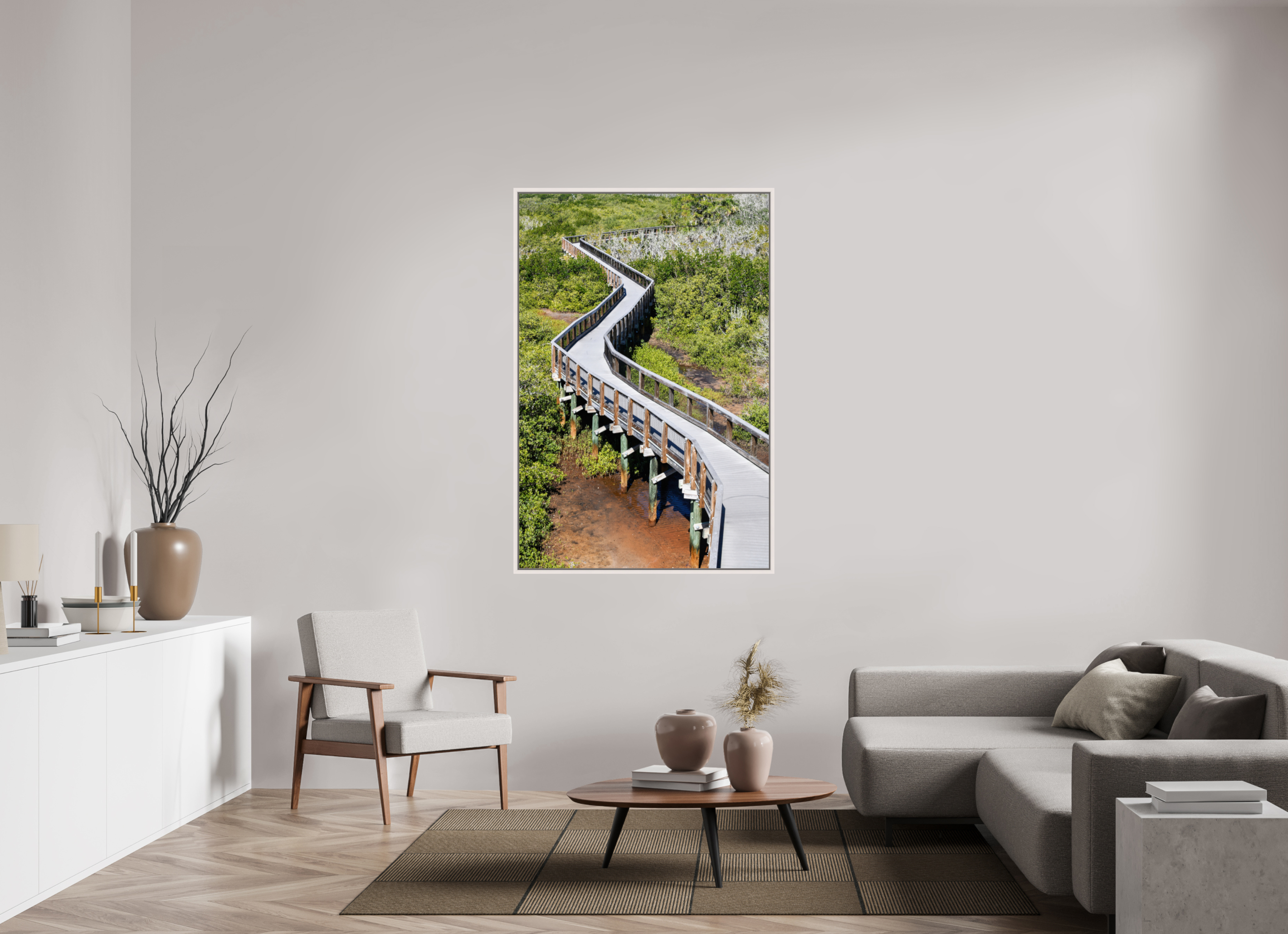 40 x 60″, Floater Frame, Basel 0.6", Maple White, Glossy Acrylic Glass The Winding Way