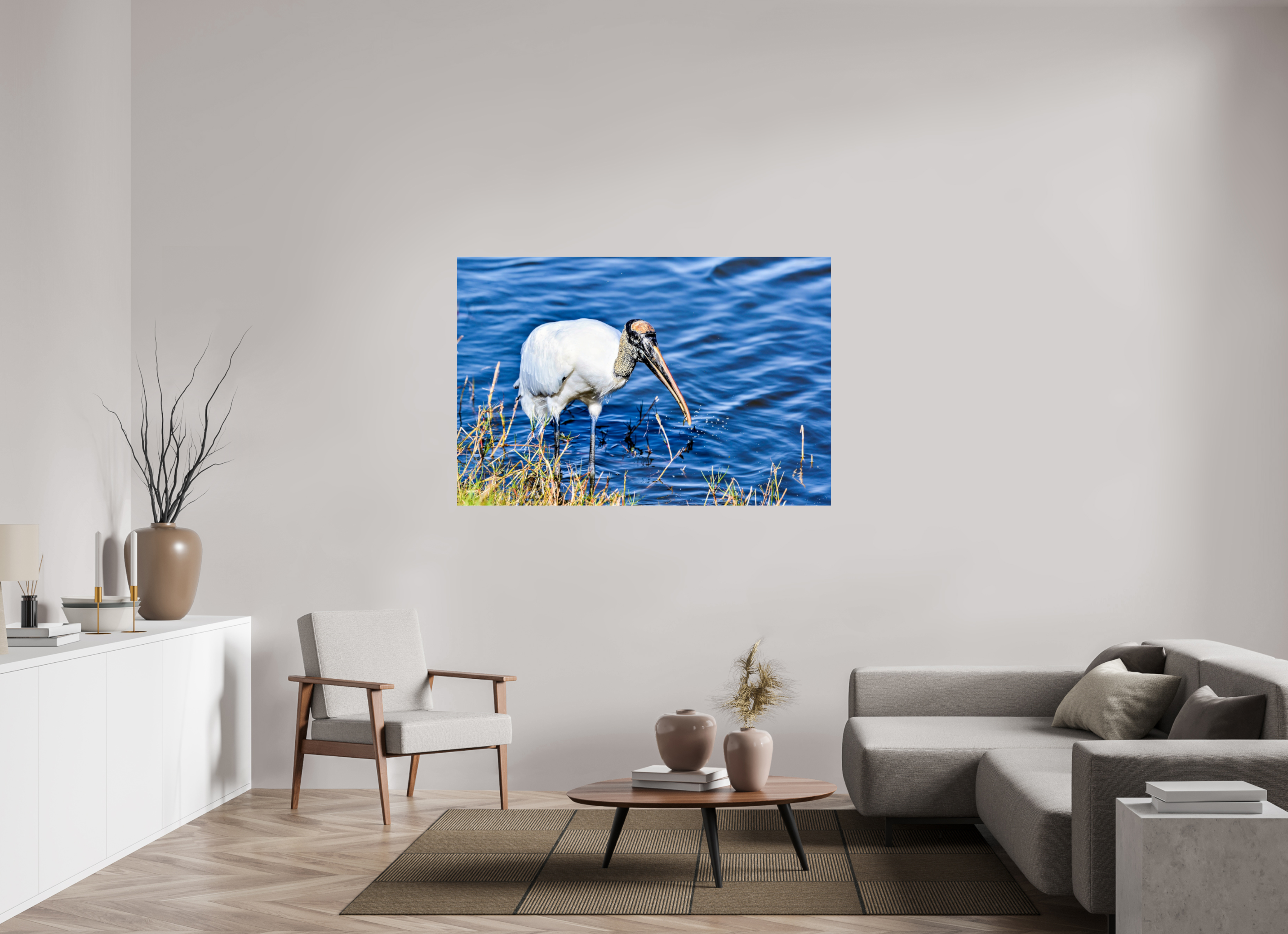 60 x 40″, Metallic Photo Print Under Acrylic Glass The Morning Catch: Wood Stork in Action