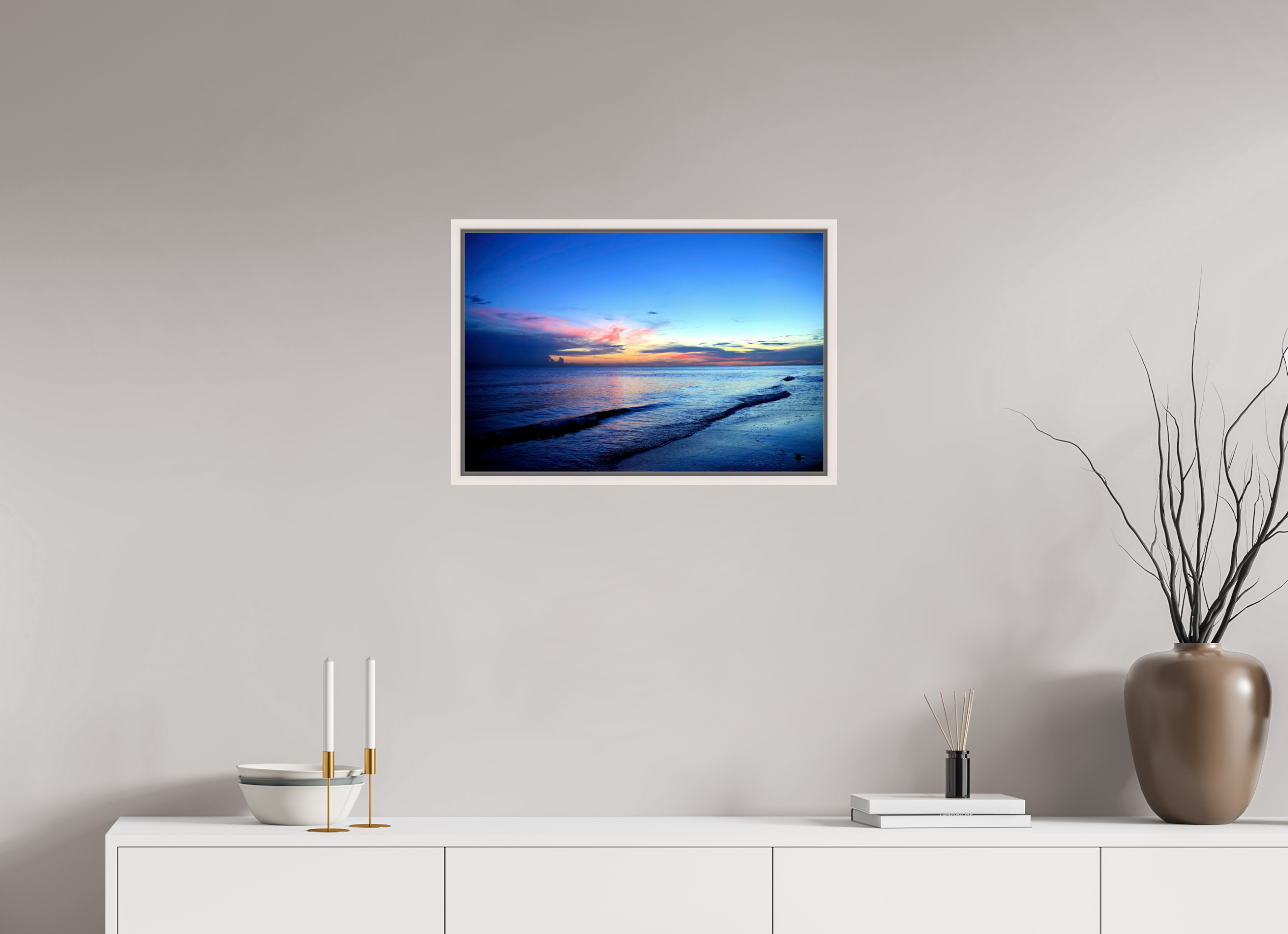 24 x 16″, Floater Frame, Basel 0.6", Maple White, Glossy Acrylic Glass Indigo Horizon