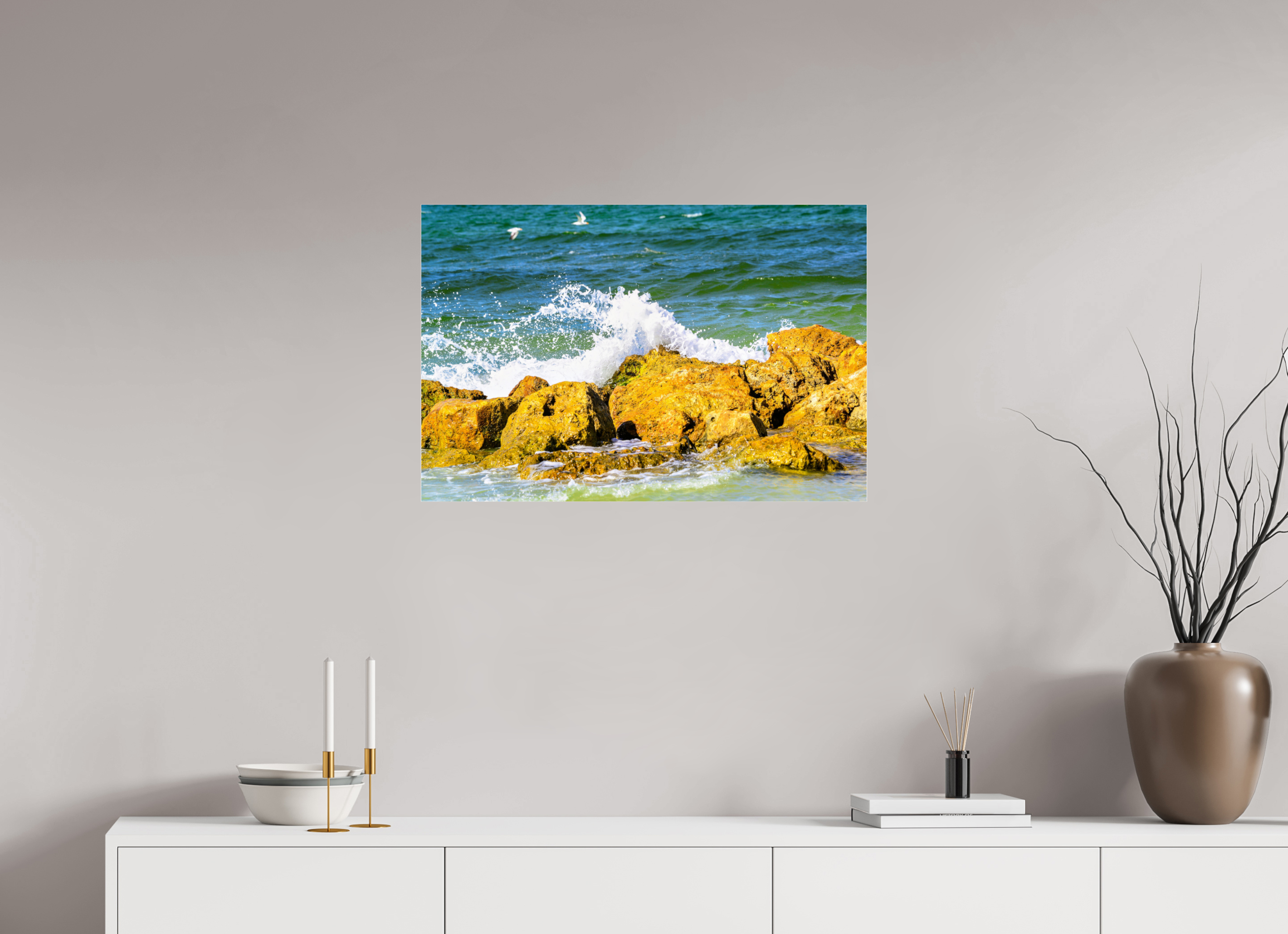 30 x 20″, Metallic Photo Print Under Acrylic Glass Waves Breaking
