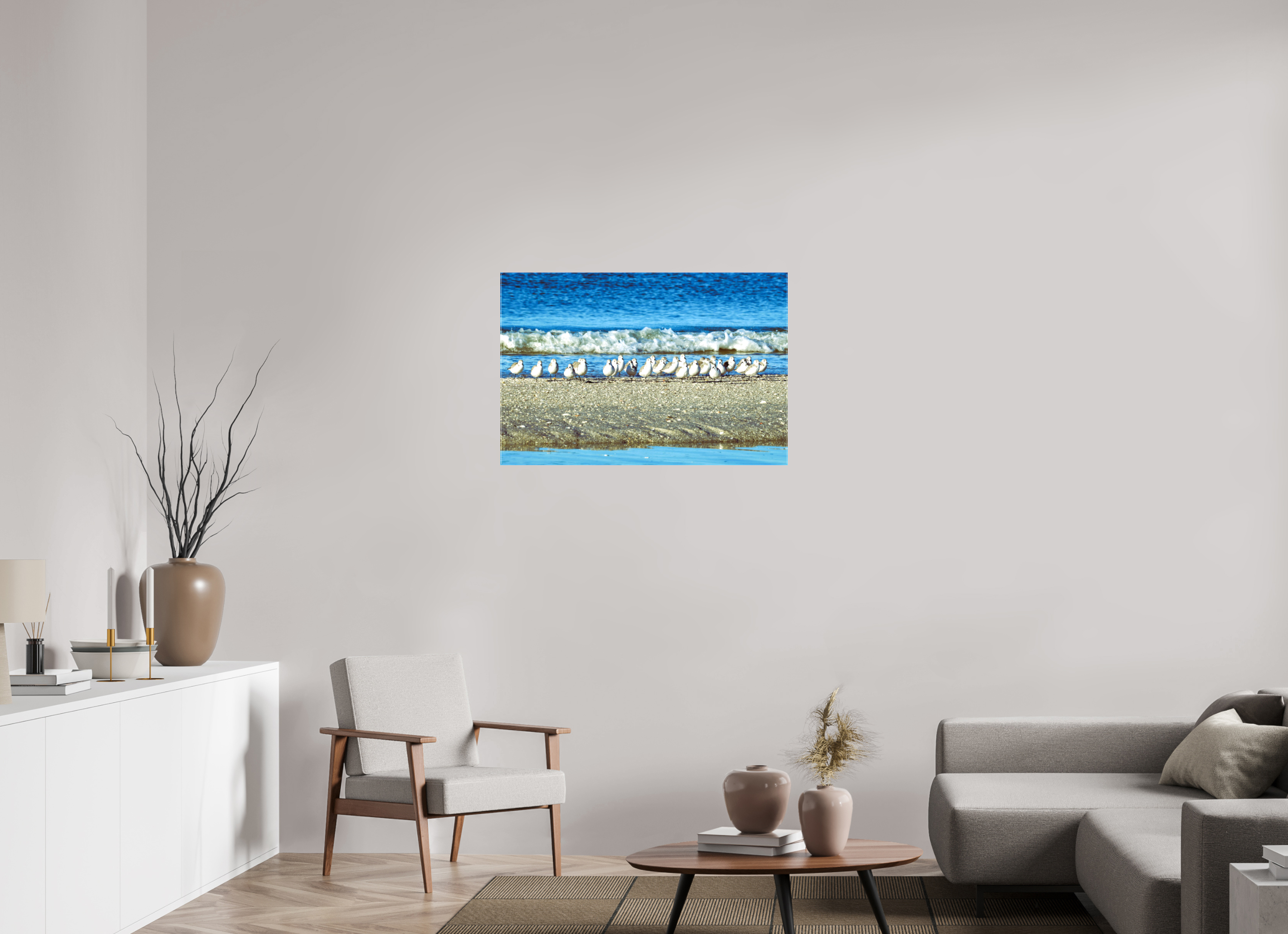 36 x 24″, Glossy Canvas on Stretcher Frame, 1,57" Wrapped Sanderlings on Standby