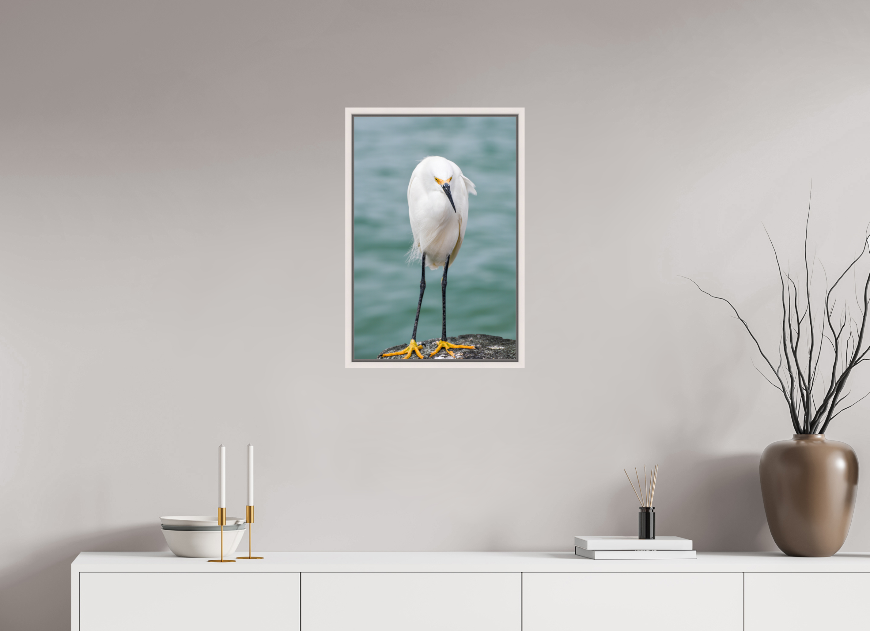 16 x 24″, Floater Frame, Basel 0.6", Maple White, Glossy Acrylic Glass The Patient Hunter