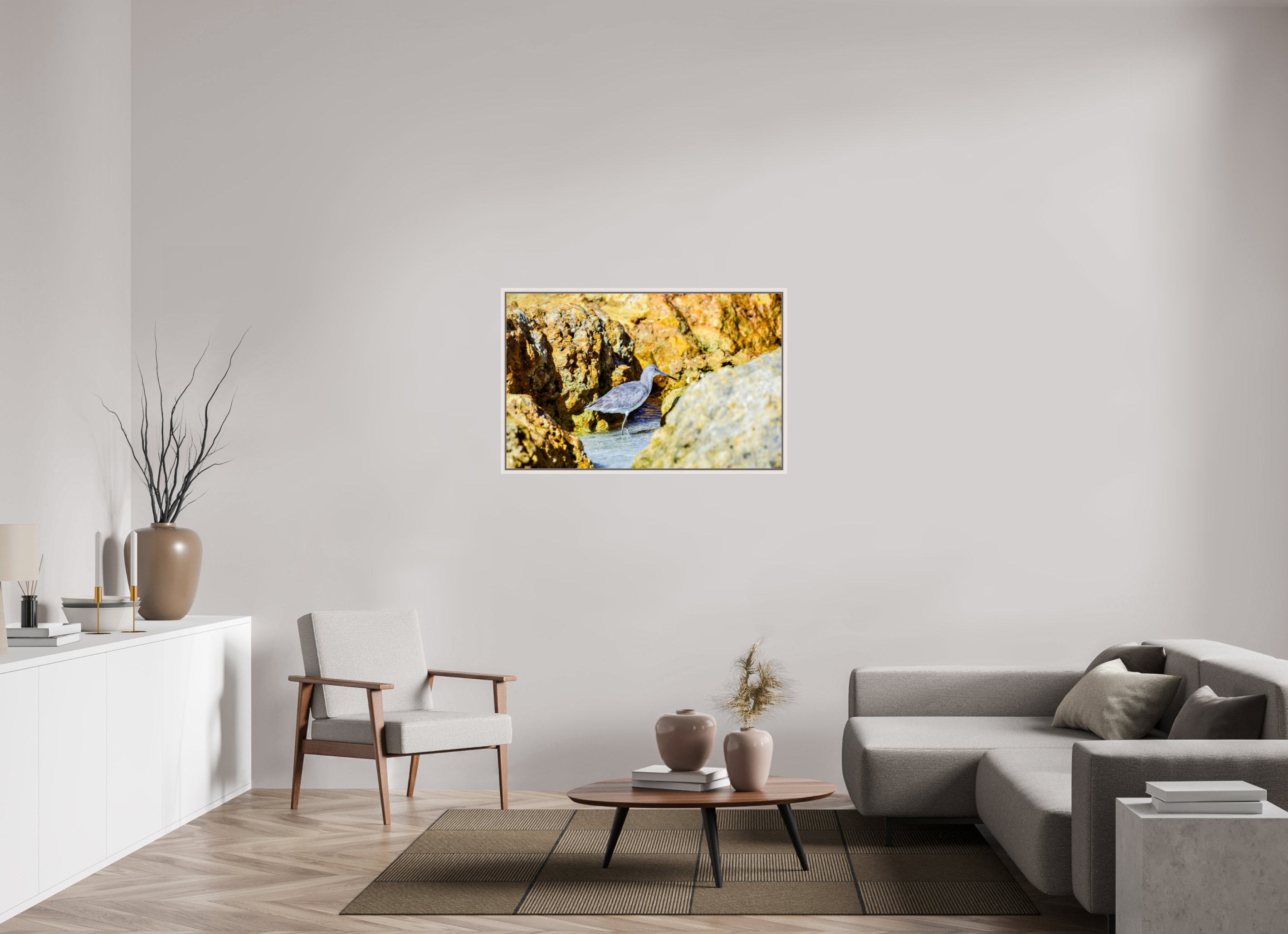 44.1 x 28″, Floater Frame, Basel 0.6", Maple White, Glossy Acrylic Glass The Hiding Willet