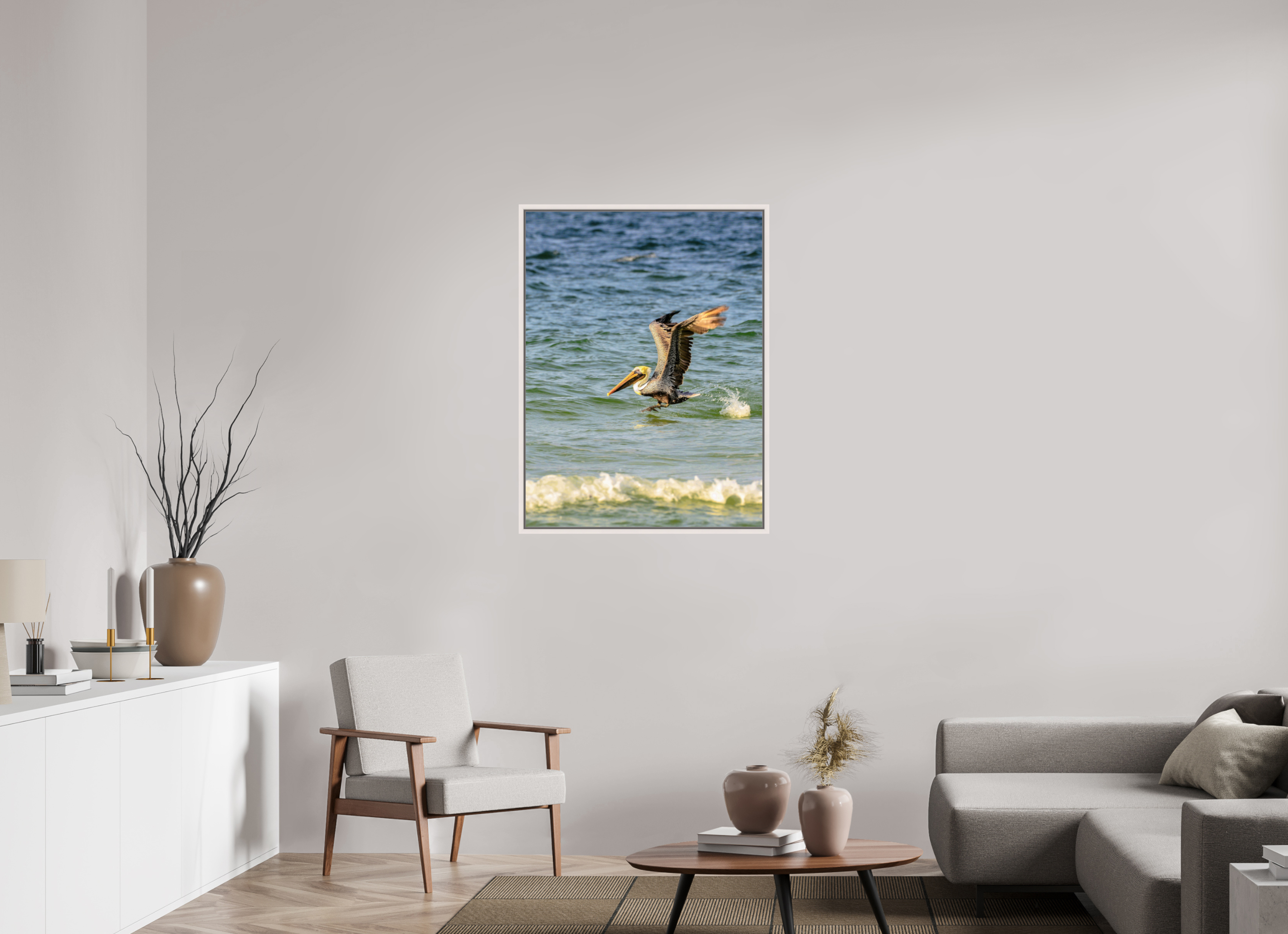 30 x 40″, Floater Frame, Basel 0.6", Maple White, Glossy Acrylic Glass Pelican in Flight