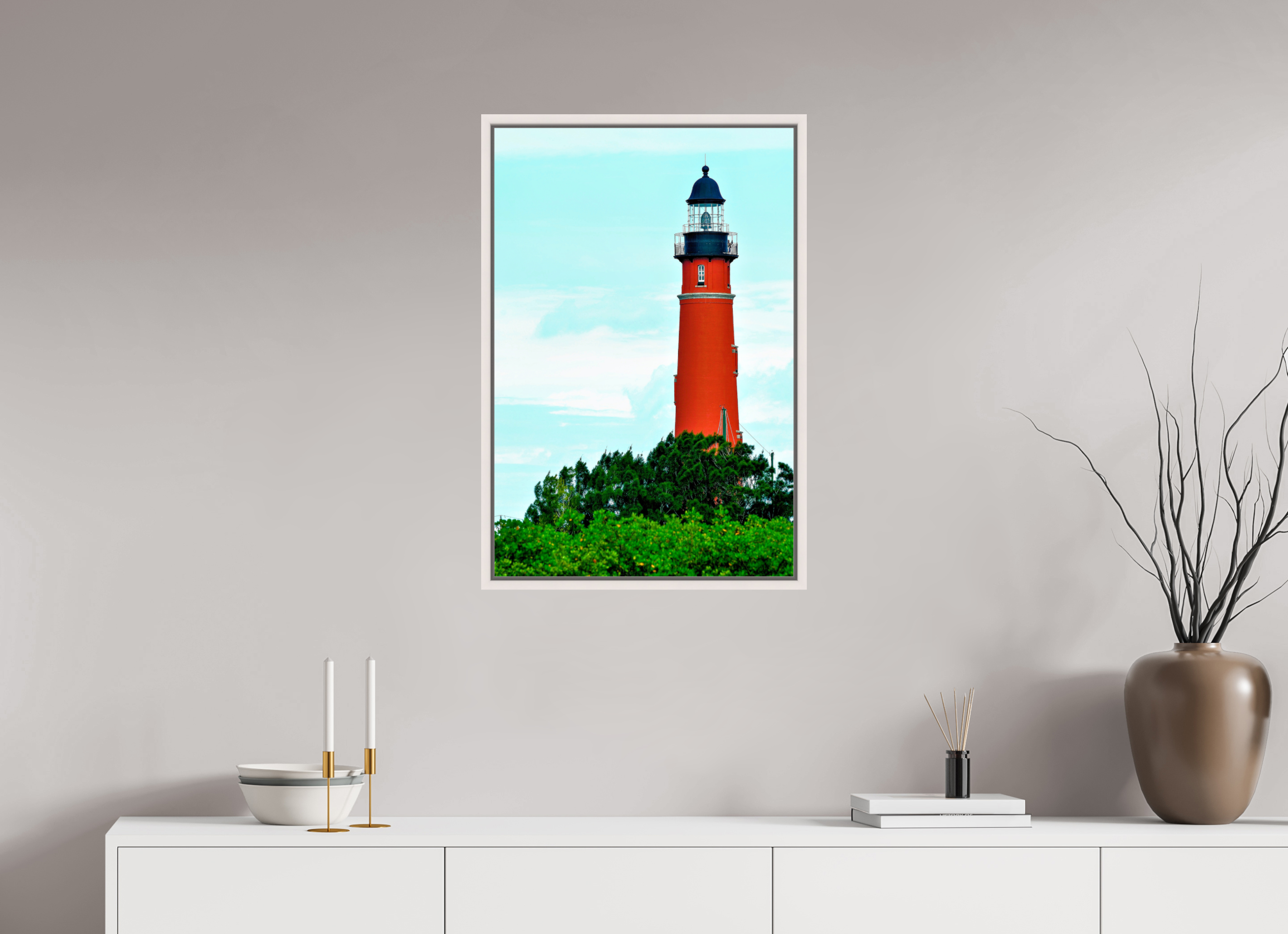 20 x 30″, Floater Frame, Basel 0.6", Maple White, Glossy Acrylic Glass Ponce de Leon Inlet Lighthouse