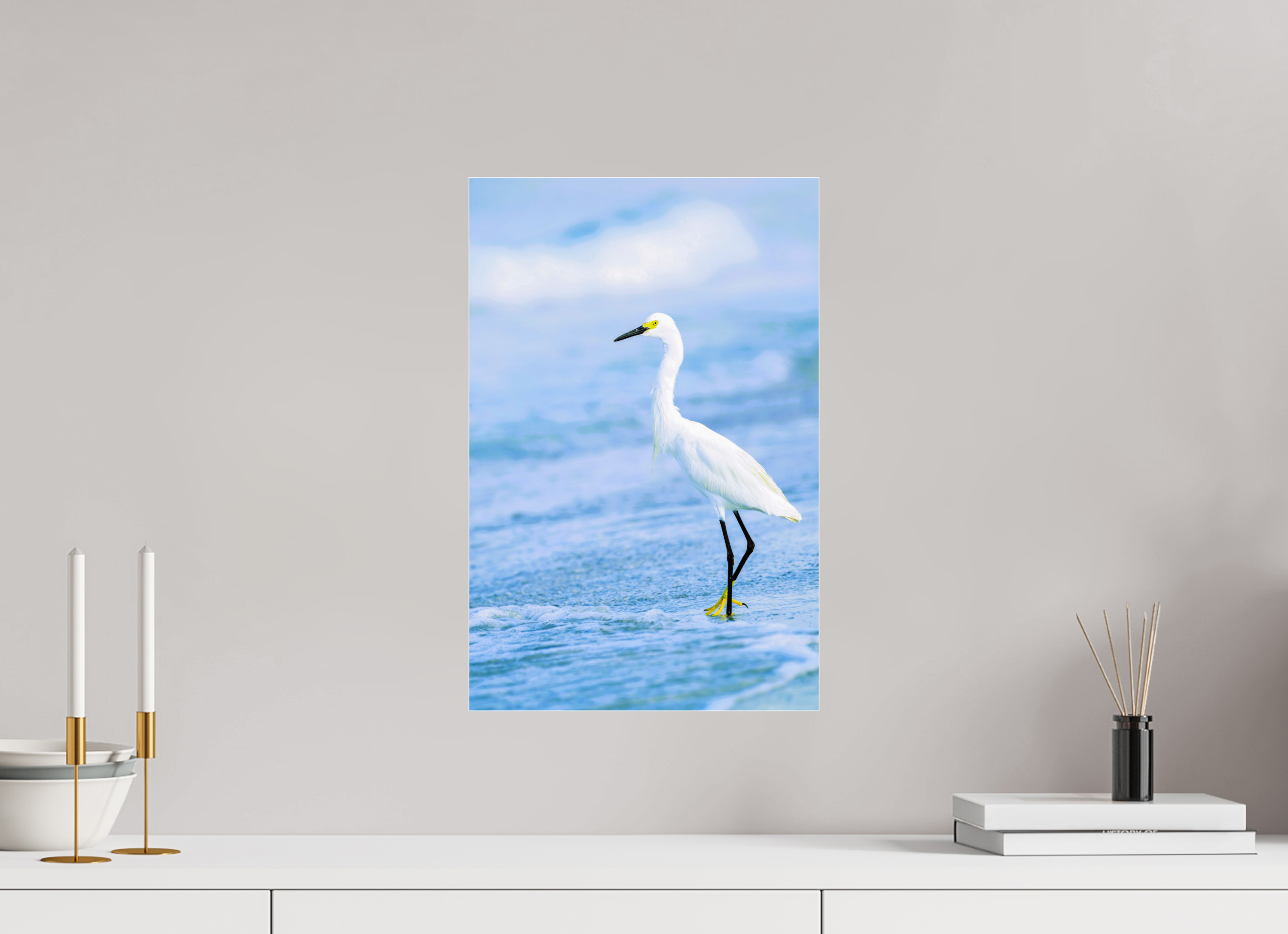 12 x 18.3″, Metallic Photo Print Under Acrylic Glass Snowy Egret in Azure