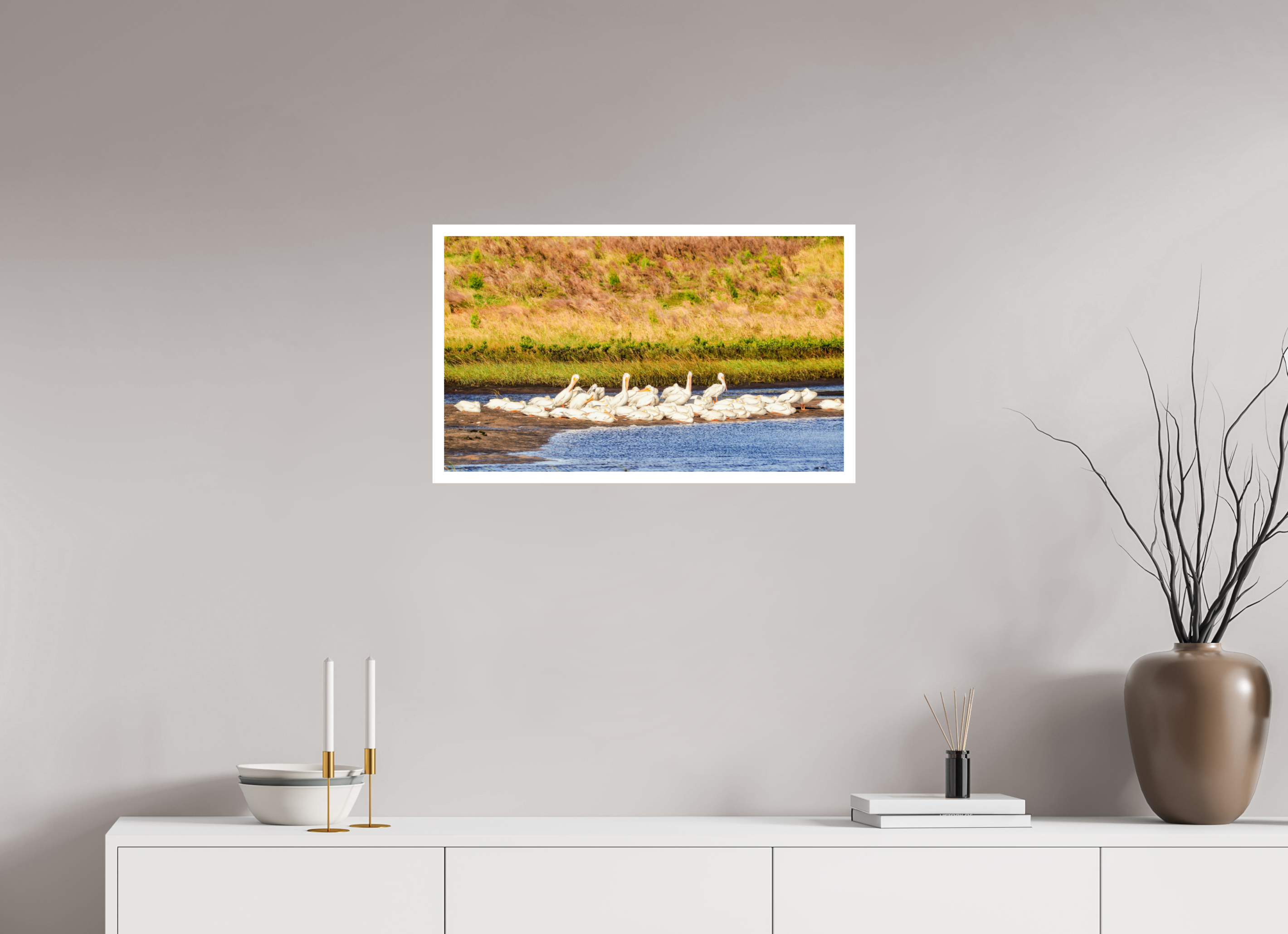 27.1 x 16″, Hahnemühle FineArt Pearl Print, .79" white border White Pelicans Golden Hour Gathering