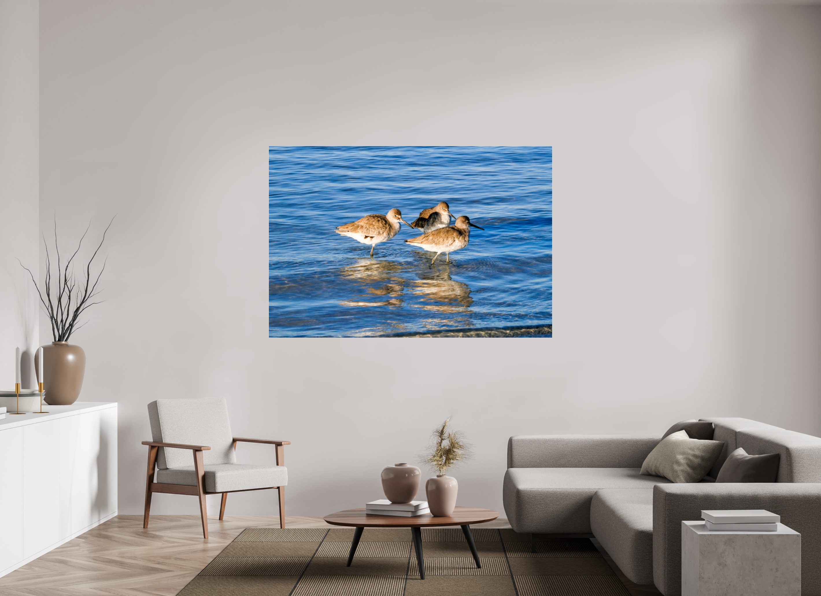 69.6 x 47″, Metallic Photo Print Under Acrylic Glass The Shoreline Trio: Willets in the Surf