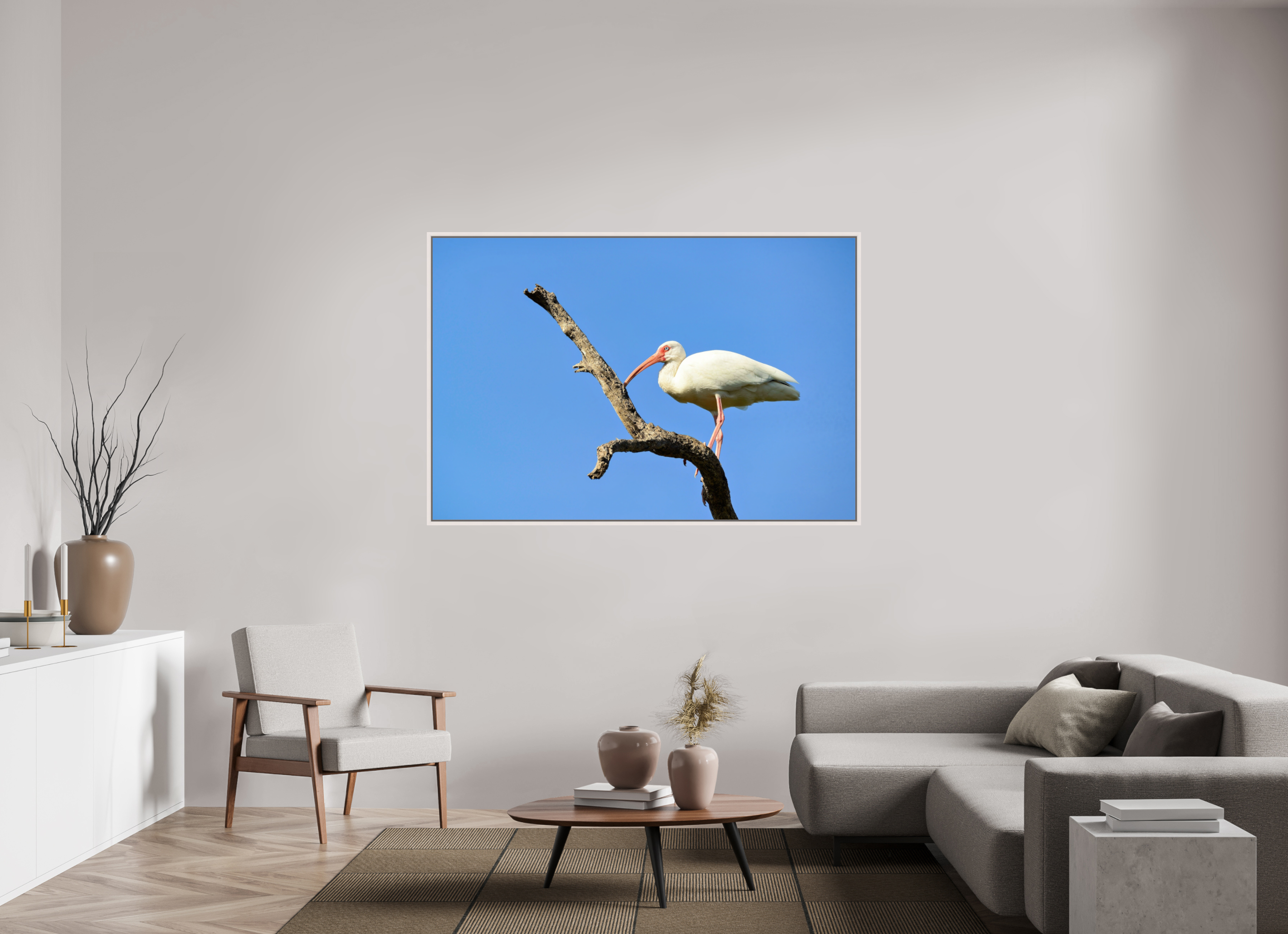66 x 44″, Floater Frame, Basel 0.6", Maple White, Glossy Acrylic Glass Azure Solitude: The American White Ibis