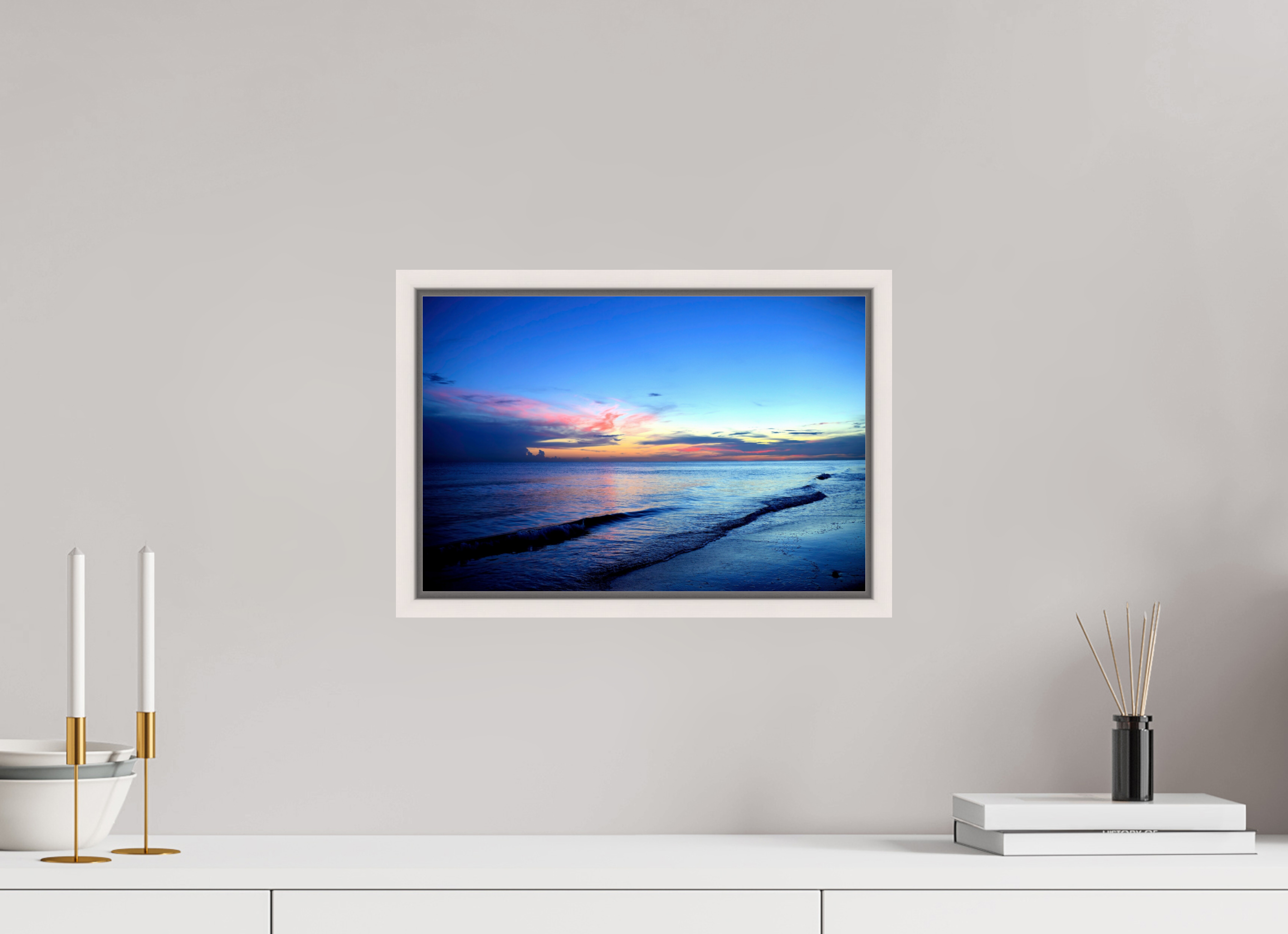 15 x 10″, Floater Frame, Basel 0.6", Maple White, Glossy Acrylic Glass Indigo Horizon