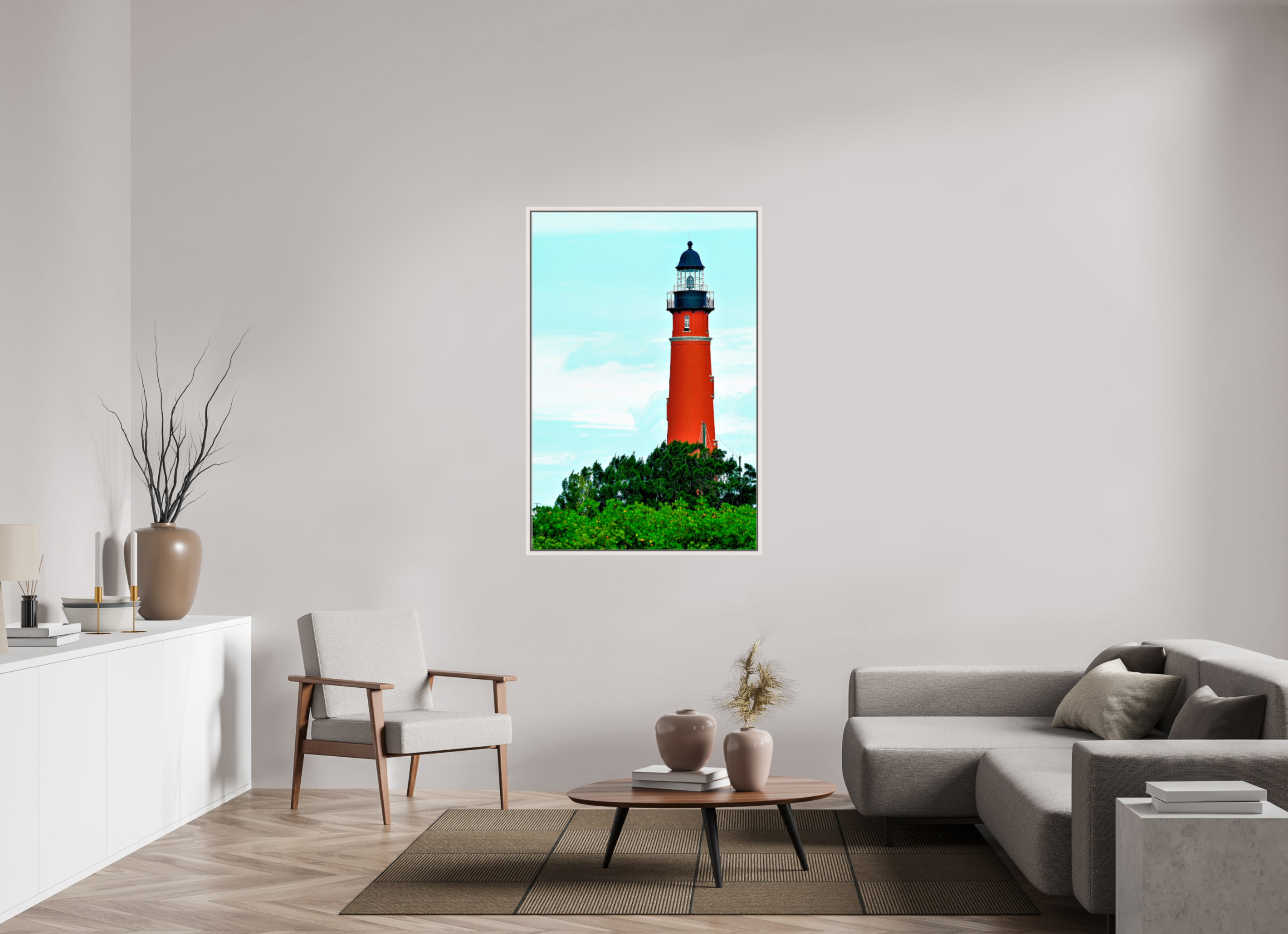 36 x 54″, Floater Frame, Basel 0.6", Maple White, Glossy Acrylic Glass Ponce de Leon Inlet Lighthouse