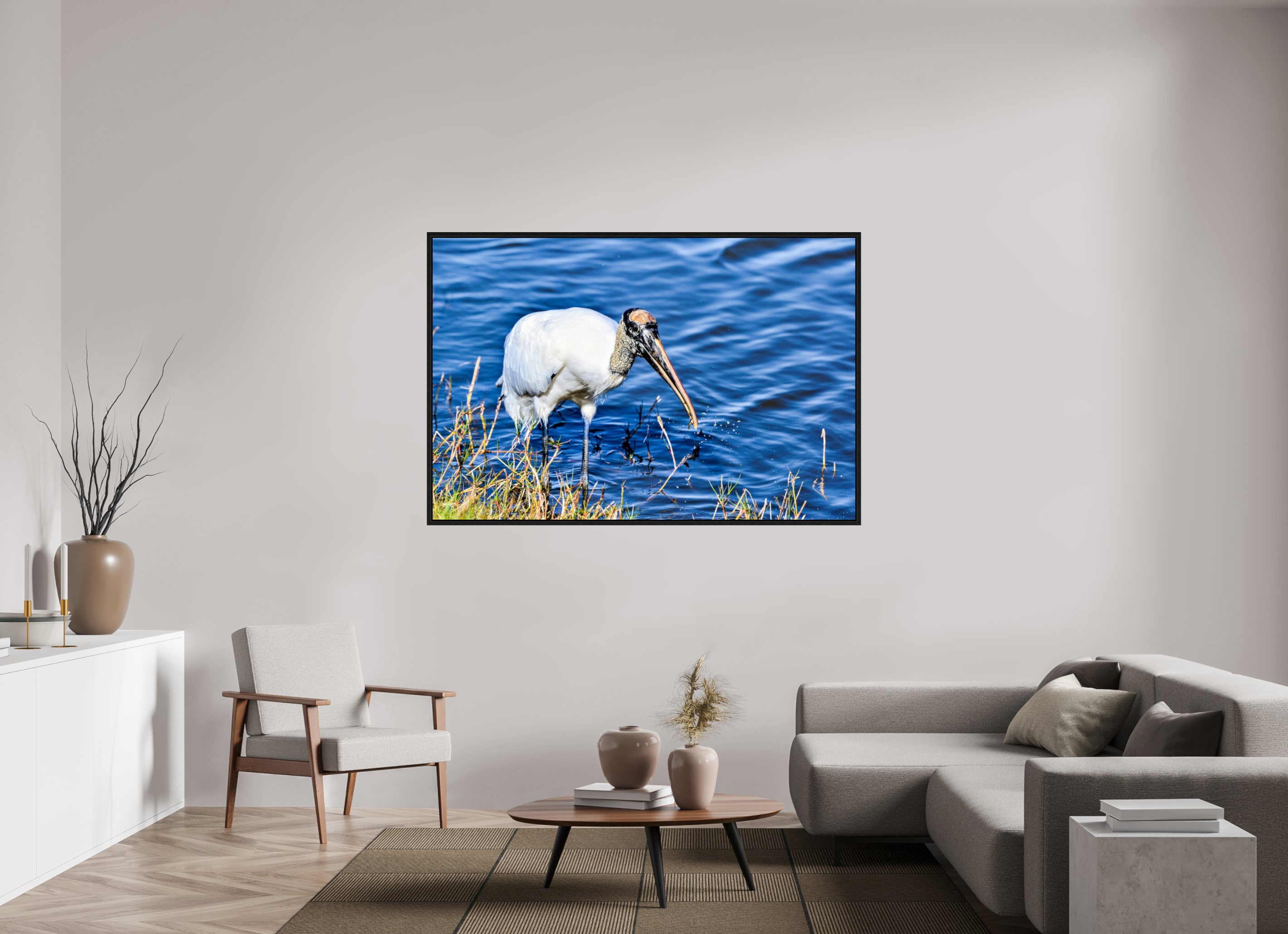 66 x 44″, Floater Frame, Basel 0.6", Black Oak, Glossy Acrylic Glass The Morning Catch: Wood Stork in Action