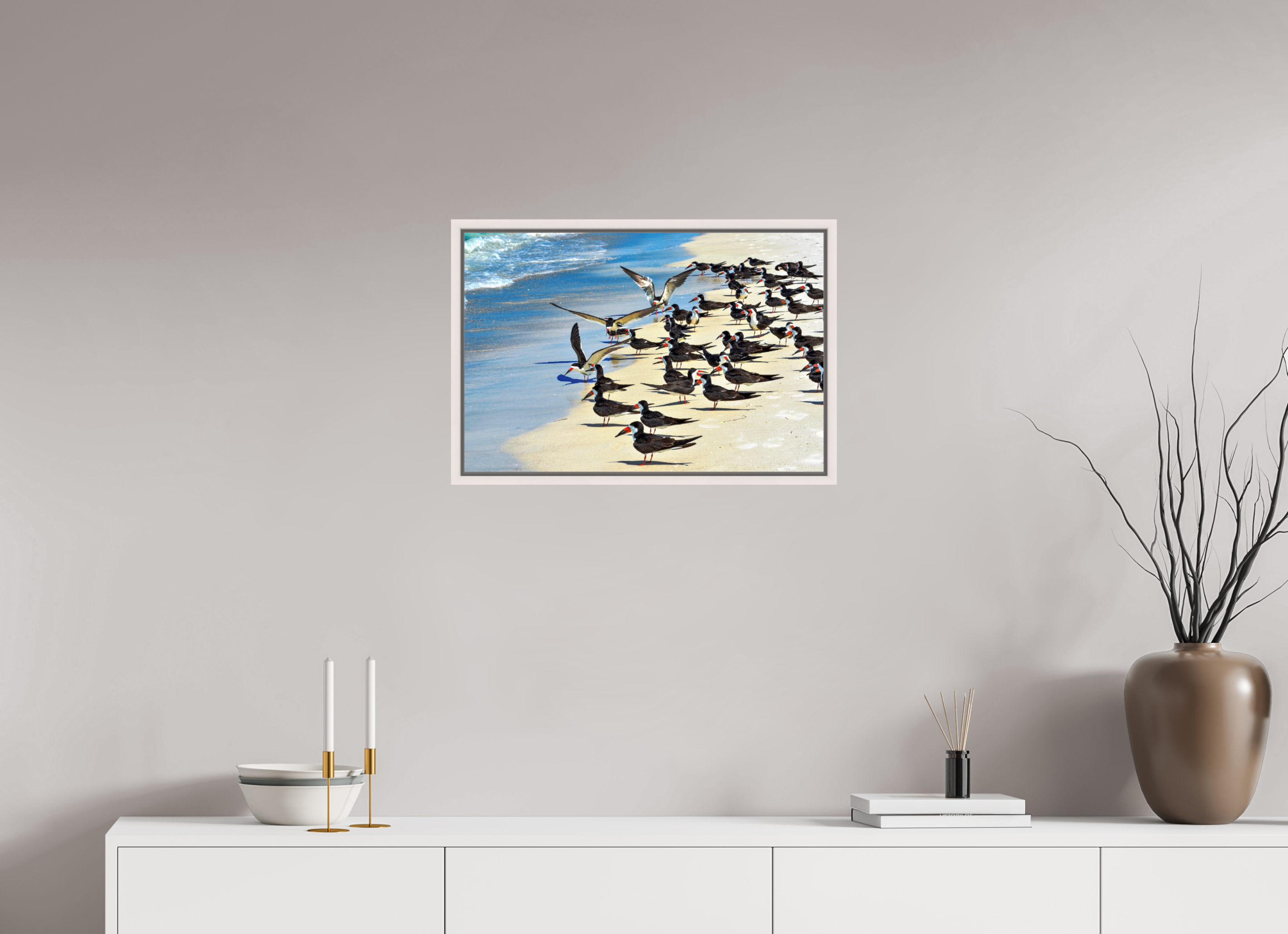 24 x 16″, Floater Frame, Basel 0.6", Maple White, Glossy Acrylic Glass Shoreline Social: Black Skimmer Colony