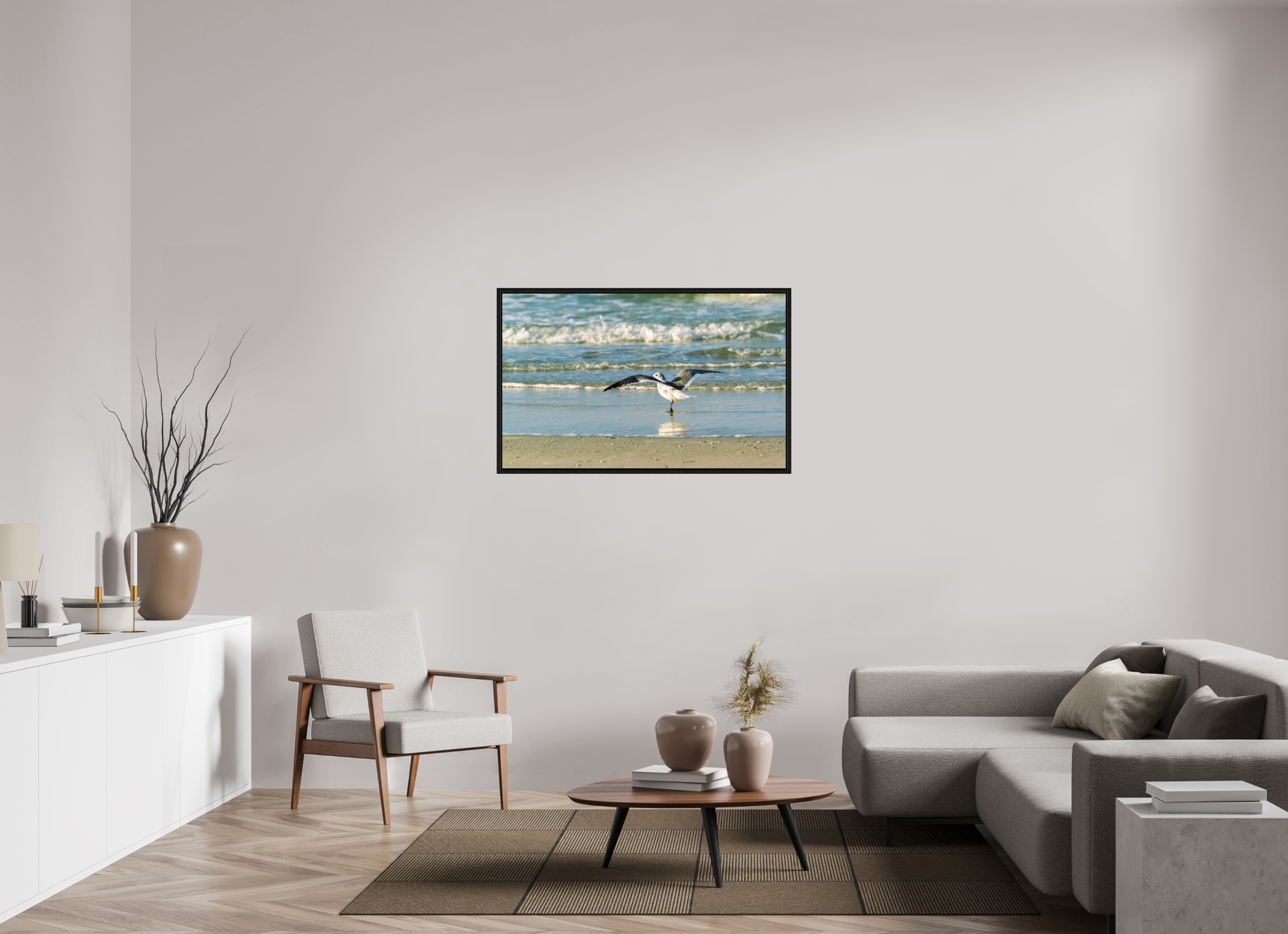 45.4 x 28″, Floater Frame Laughing Gull in Motion