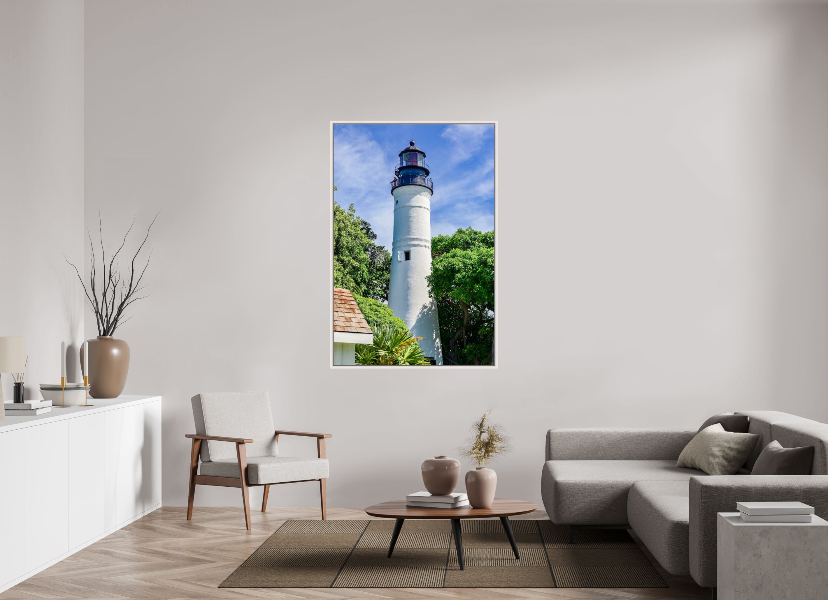 40 x 60″, Floater Frame, Basel 0.6", Maple White, Glossy Acrylic Glass The Historic Key West Lighthouse