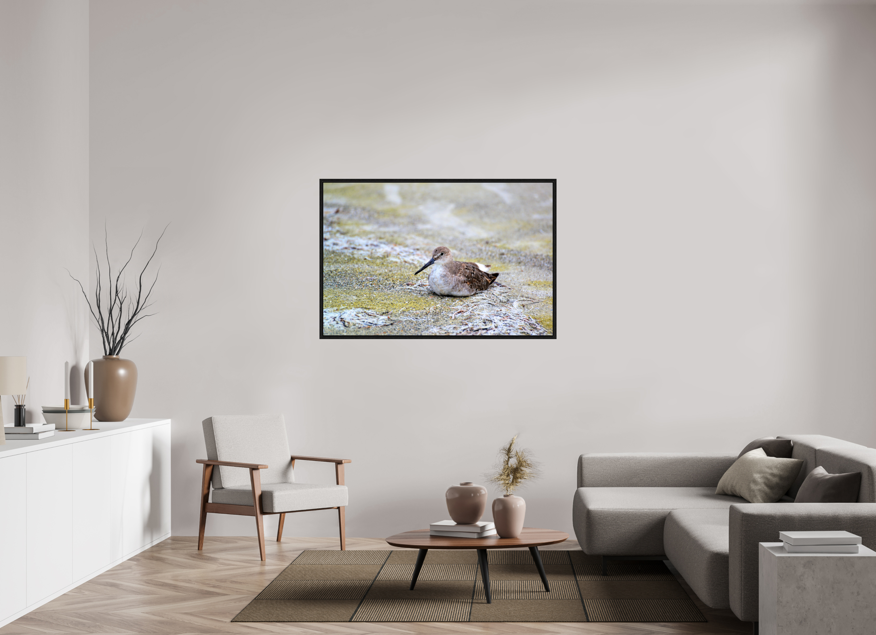 54 x 36″, Floater Frame, Basel 0.6", Black Oak, Glossy Acrylic Glass The Resting Willet