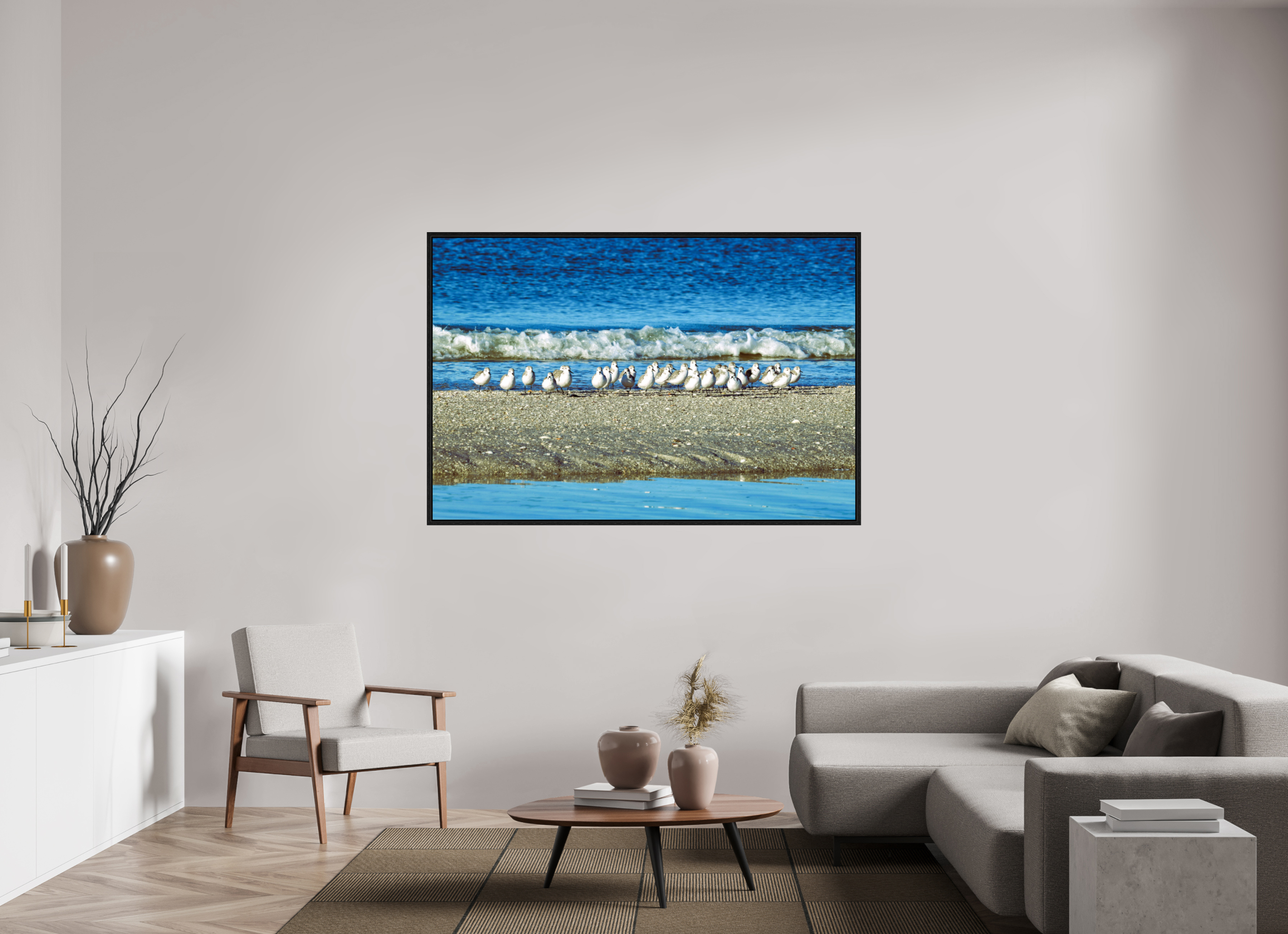 66 x 44″, Floater Frame, Basel 0.6", Black Oak, Glossy Acrylic Glass Sanderlings on Standby
