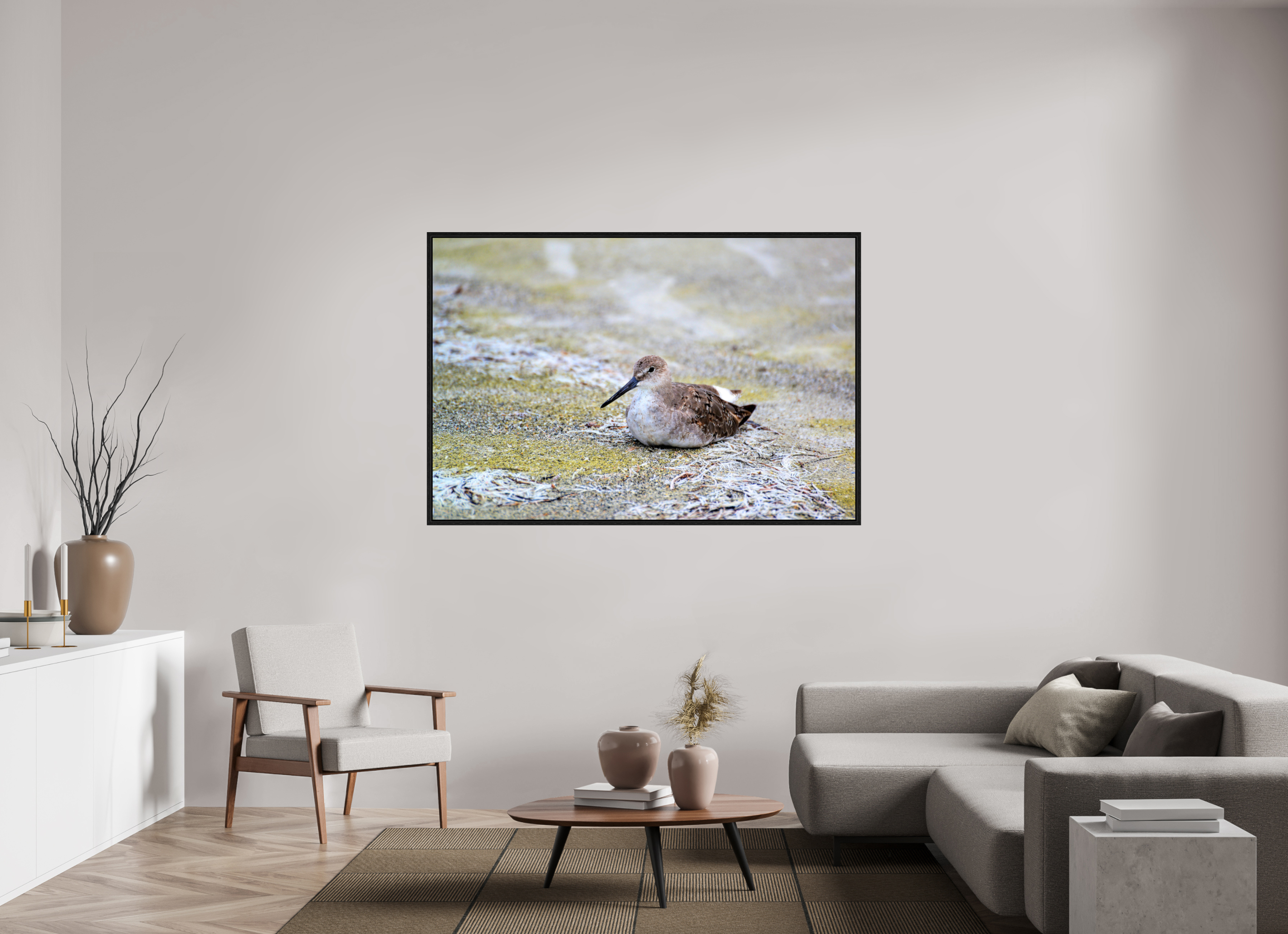 66 x 44″, Floater Frame, Basel 0.6", Black Oak, Glossy Acrylic Glass The Resting Willet