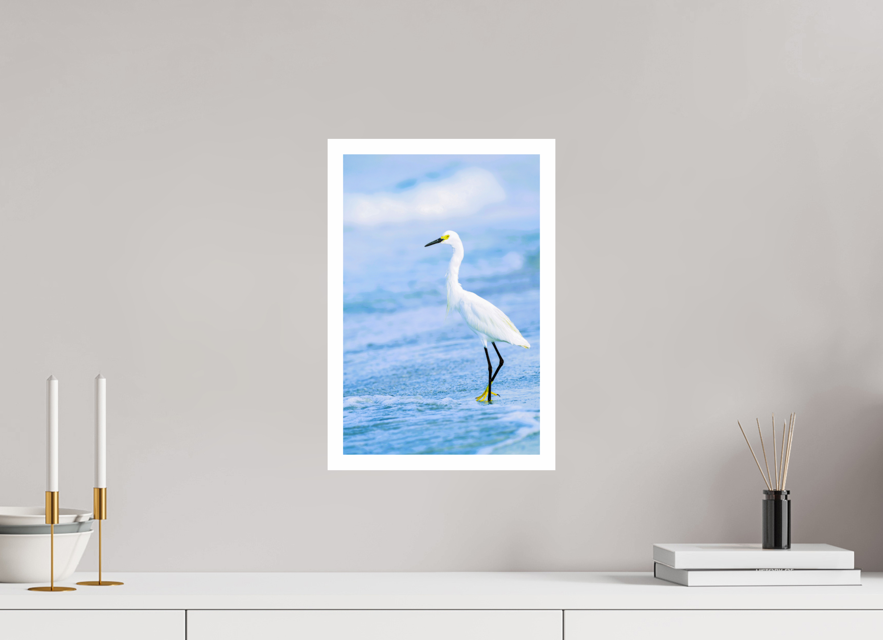10 x 15.3″, Hahnemühle FineArt Pearl Print, .79" white border Snowy Egret in Azure