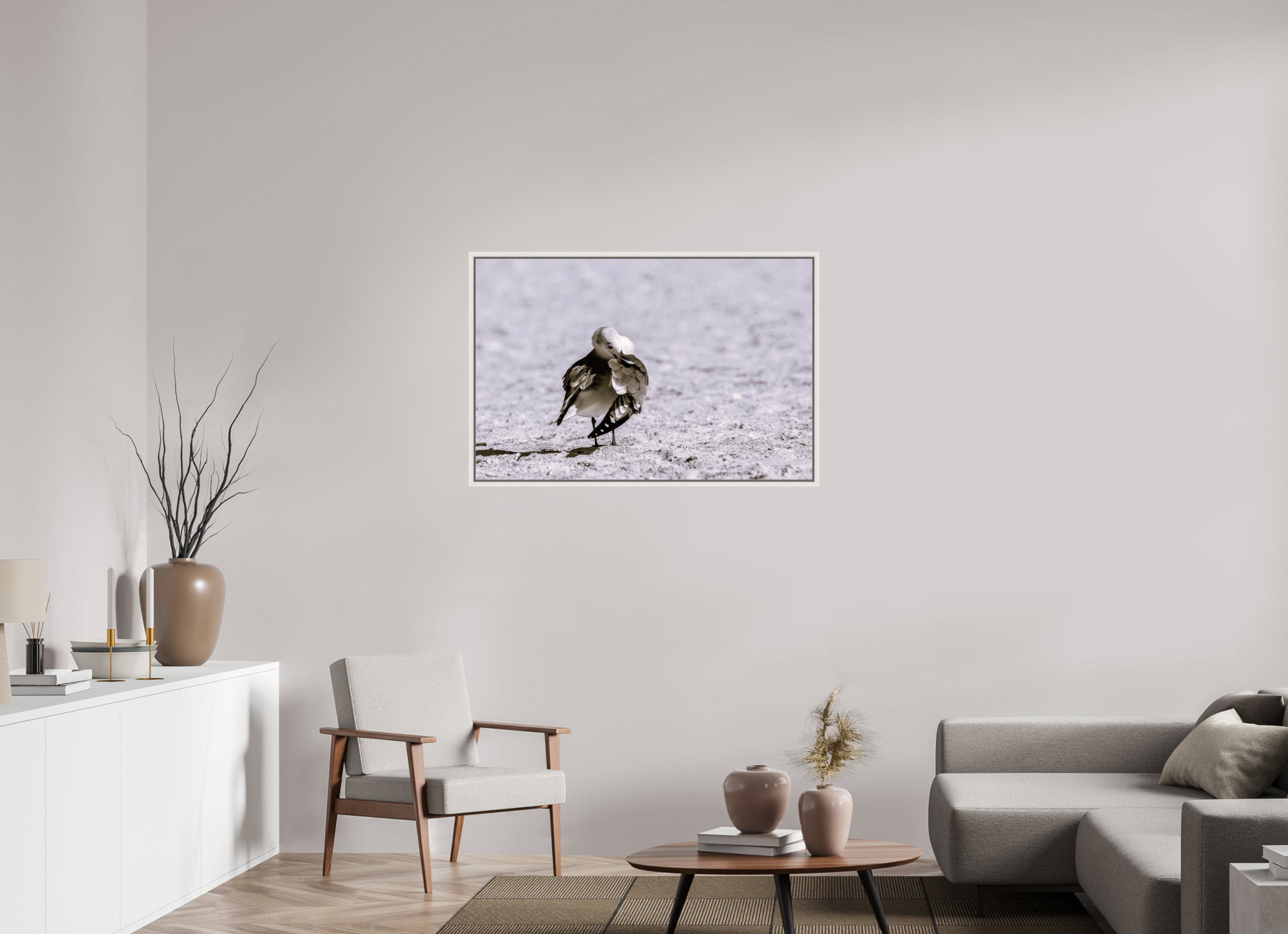 42.7 x 28″, Floater Frame, Basel 0.6", Maple White, Glossy Acrylic Glass Preening Gull