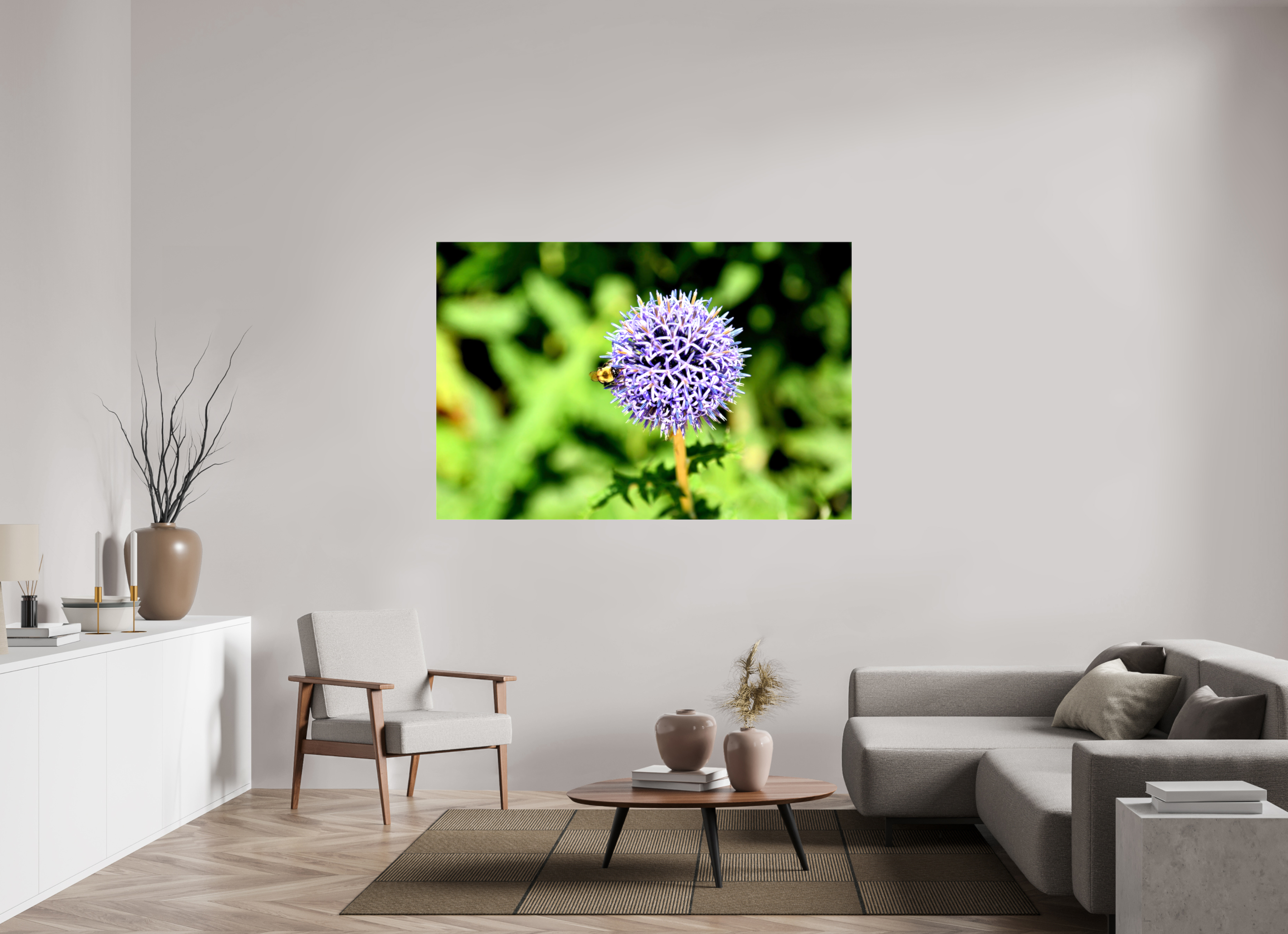 66 x 44″, Glossy Canvas on Stretcher Frame, 1,57" Wrapped The Bee & The Globe Thistle (Echinops)