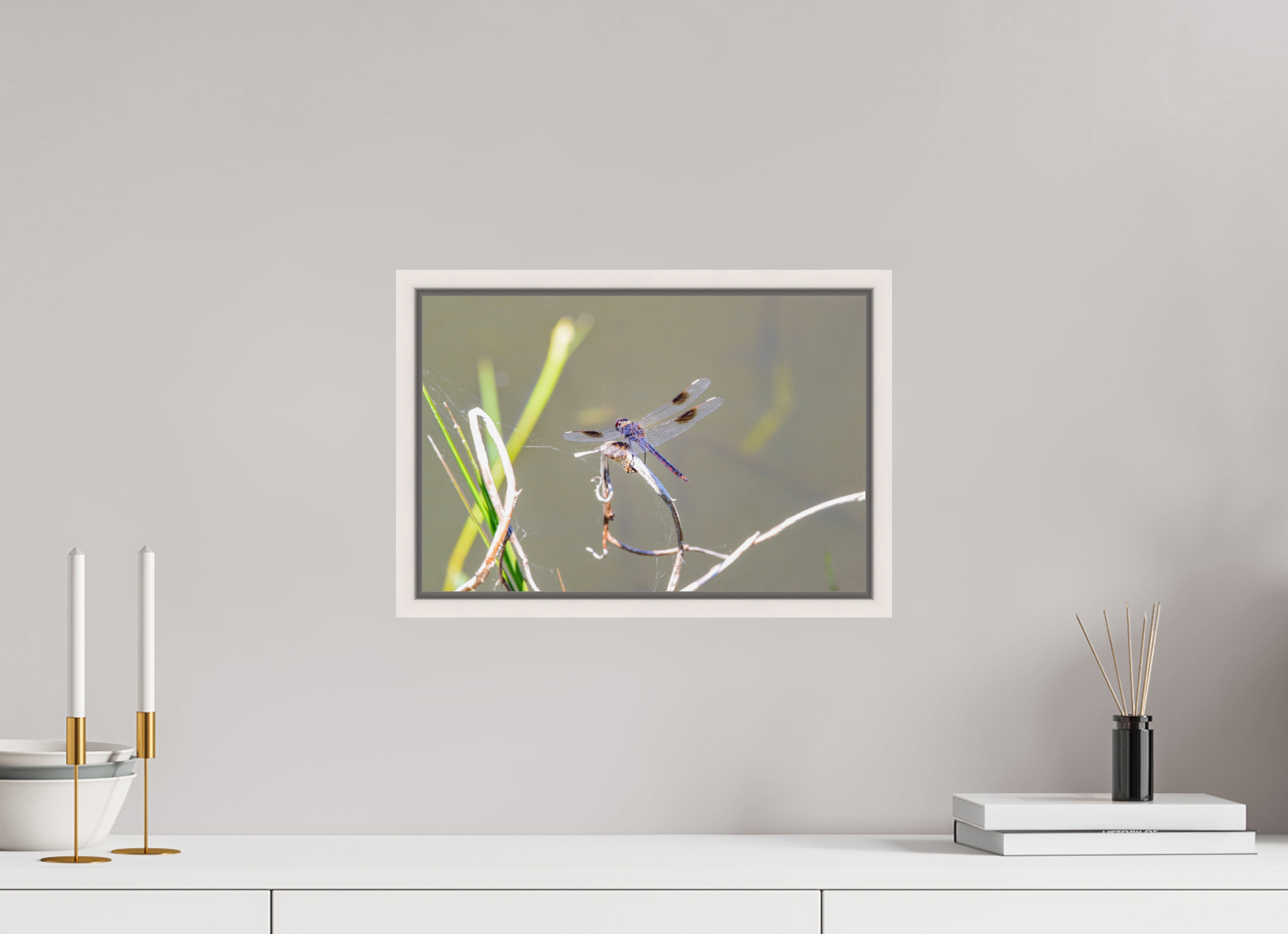 15 x 10″, Floater Frame, Basel 0.6", Maple White, Glossy Acrylic Glass Pennant Dragonfly in the Marsh
